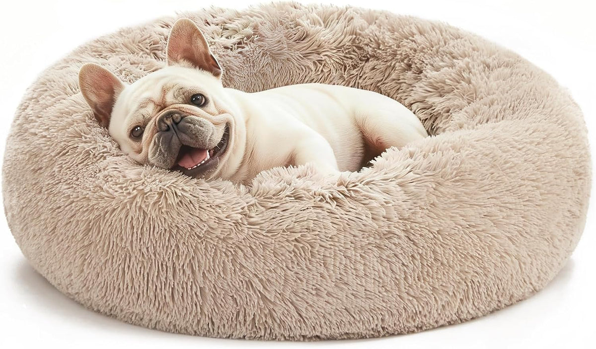 Love's cabin Calming Cat Bed for Indoor Cats, Anti-Anxiety Donut Round Dog Bed,Fluffy Faux Fur Washable Pet Bed for Small Medium Dogs and Cats, Taupe, 24in