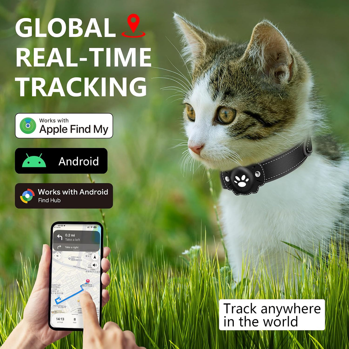 GPS Tracker for Cats, Cat GPS Tracker, Pet Location Tracker with Collar, Real-Time Tracking, No Monthly Fee or Subscription, Waterproof, 365-Day Long Battery Life Cat Collar, iOS & Android (Black)