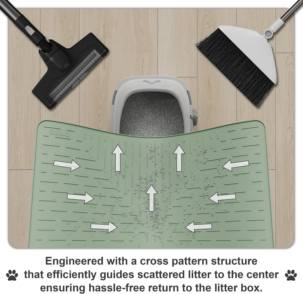 OHMO XL Cat Litter Mat, 37.5x25.2 Silicone Trapping Mat Sage Green | for Kitty Litter Box, Easy Clean, BPA Free Rubber, Center Litter Collection, Easy Pour-Back, Waterproof, Odor-Resistant