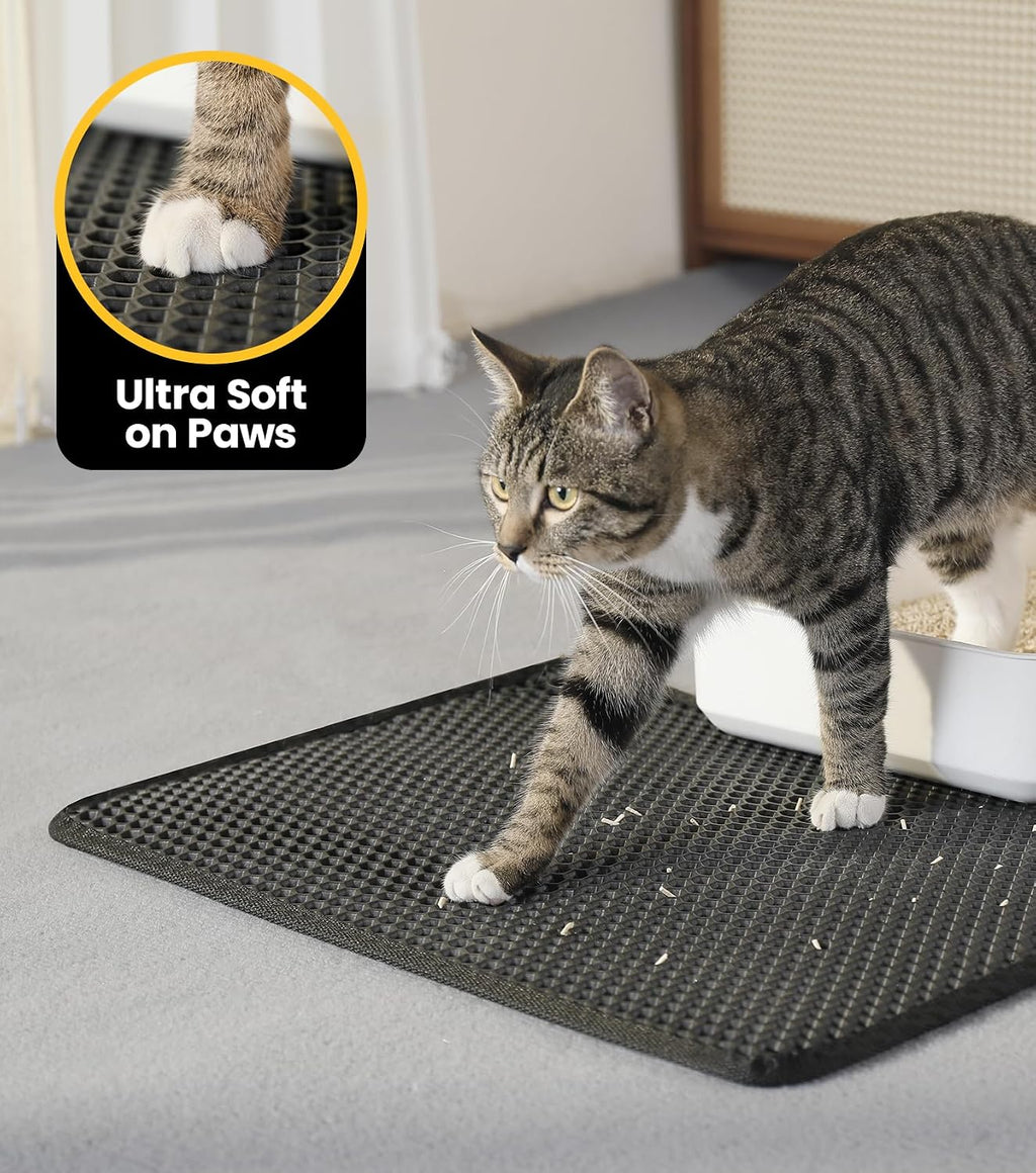 Conlun Cat Litter Trapping Mat for Small Spaces, 23.6"x14.6" Space-Saving Litter Box Floor Mat, Hexagon Grids & Anti-Leak Base, Machine Washable, Non-Slip Kitty Matt for Apartment, Black