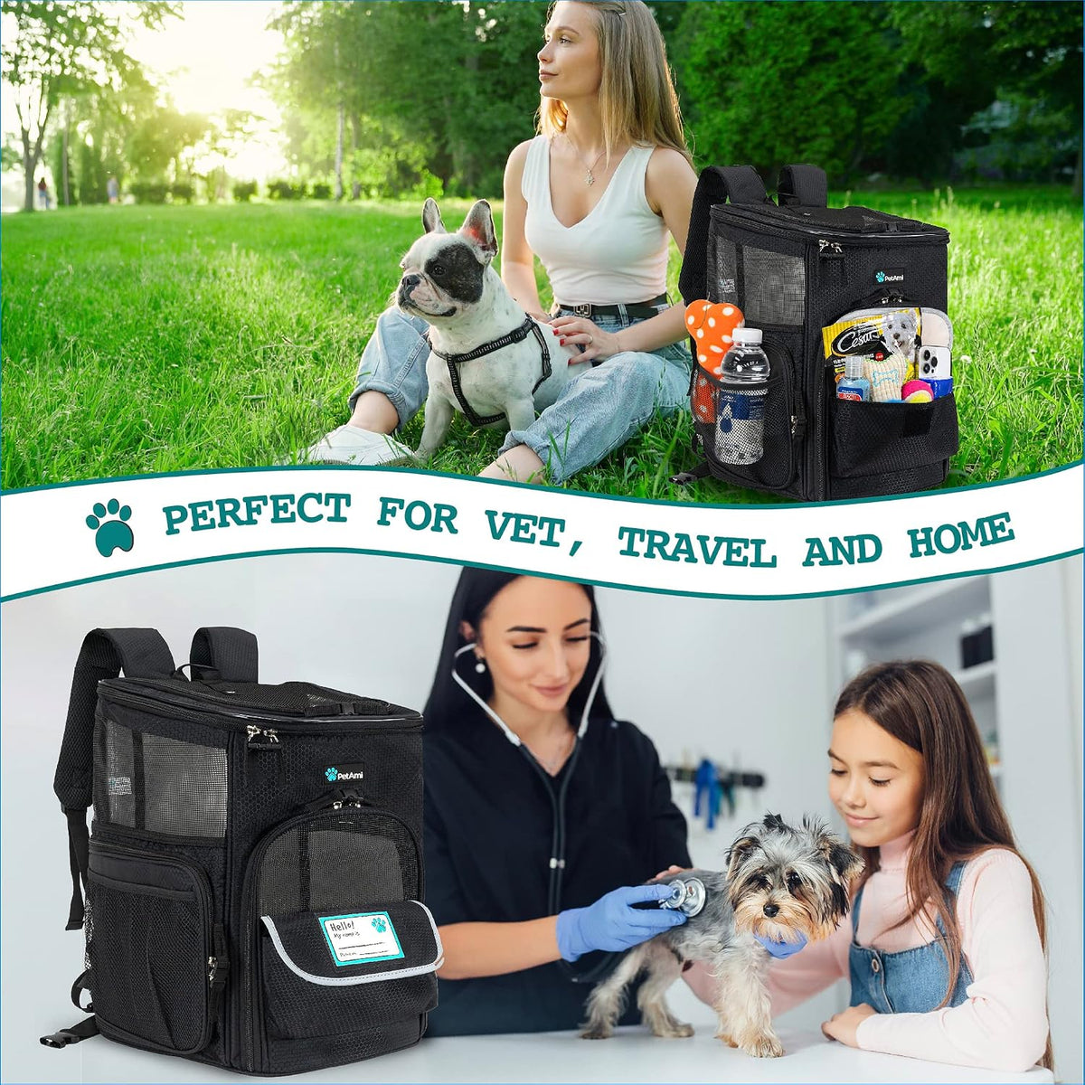 PetAmi Dog Backpack Carrier, Airline Approved 4-Way Entry Cat Bag, Black