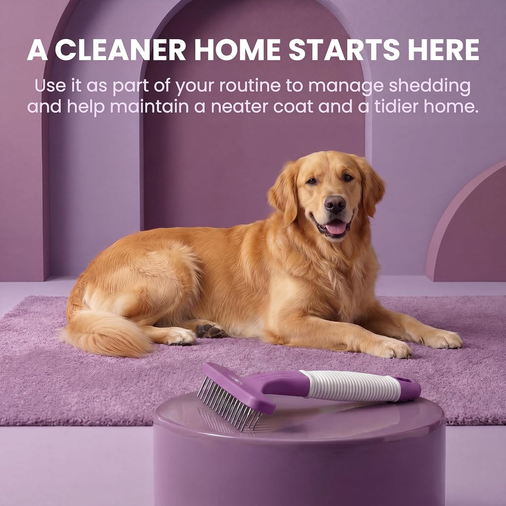 POODLIE Poodle Pet Dog Grooming Rake| Dematting Tool with Stainless Steel Shedding Comb for Pets | 2 Rows of Pins Gently Remove Loose or Tangled Hair from Undercoat | Purple Handle 