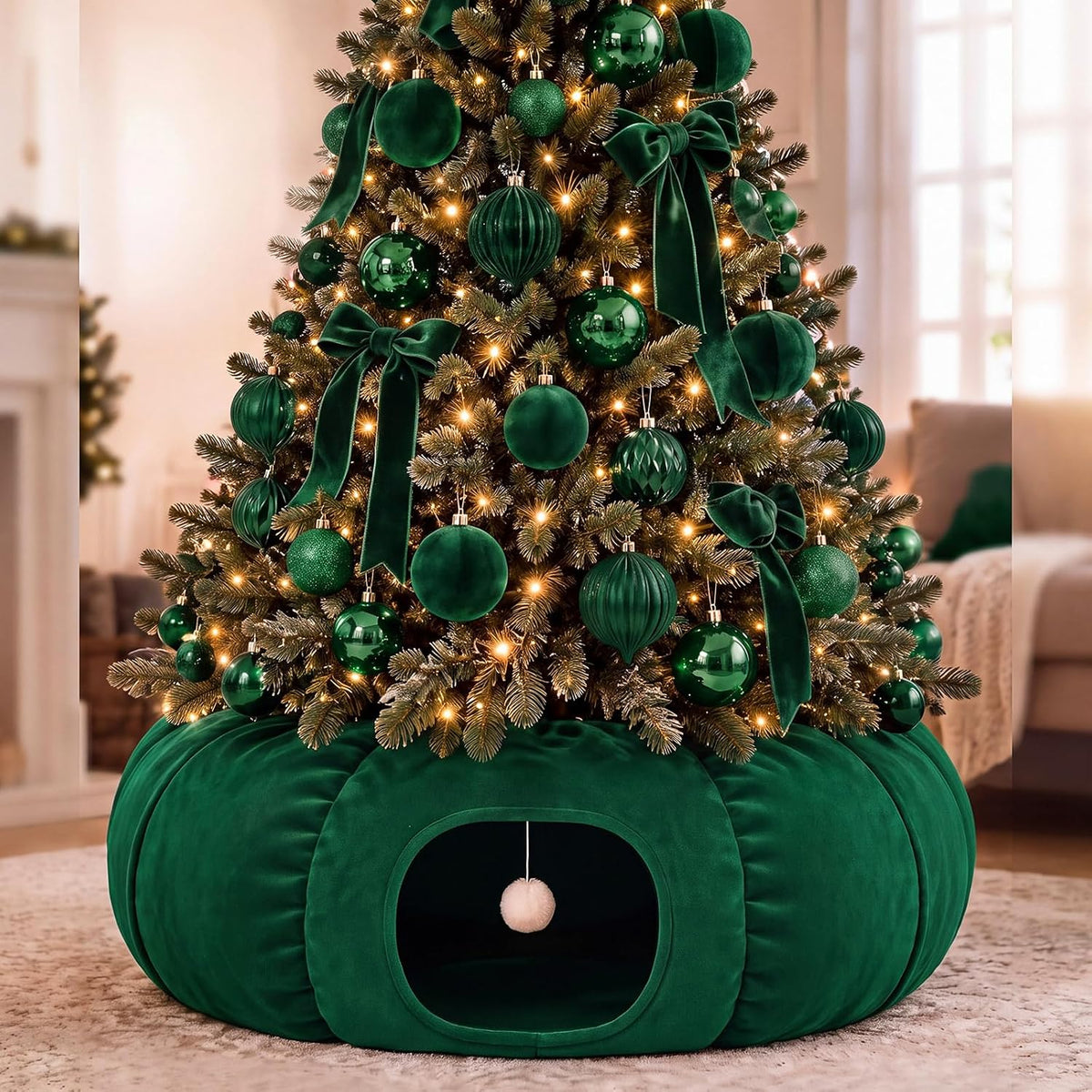 Christmas Tree Cat Tunnel 36 in Donut Bed, Green, Velvet, Fluffy