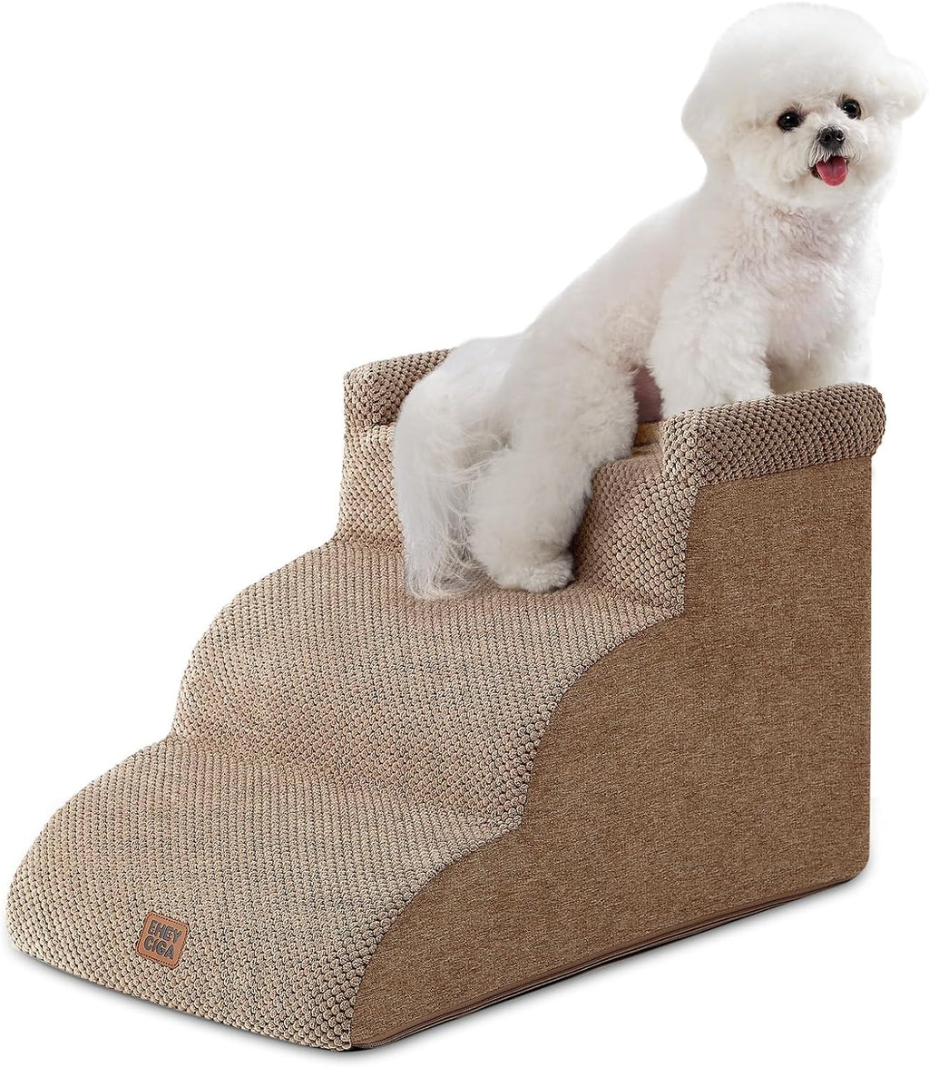 EHEYCIGA 3-Step Curved Dog Stairs for Small Dogs 14" H, Camel