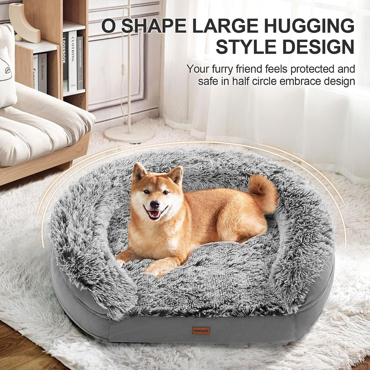 iweepet Fluffy Calming Orthopedic Dog Beds for Medium & Large Dogs, Supportive Dog Sofa Bed with 3.7 inch 28D Egg-Crate Foam, Removable Washable Plush Cover, Waterproof Lining, 41'',Grey