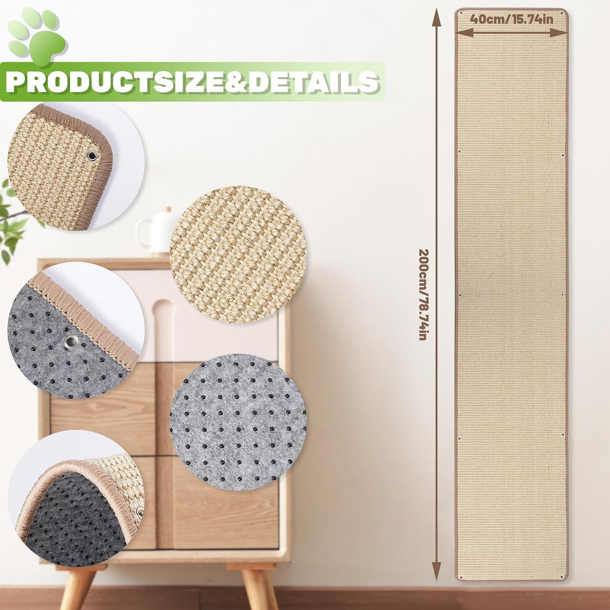 Uranshin Natural Sisal Cat Wall Climbing Carpet, Wall Scratcher Mat Pad