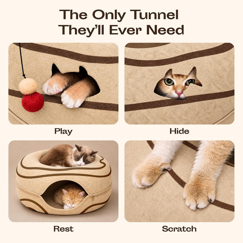 Peekaboo Cat Cave Donut - Cat Tunnel Bed for Indoor Cats – Cute Patterns Hideaway for Multiple & Large Cats, Scratch-Resistant