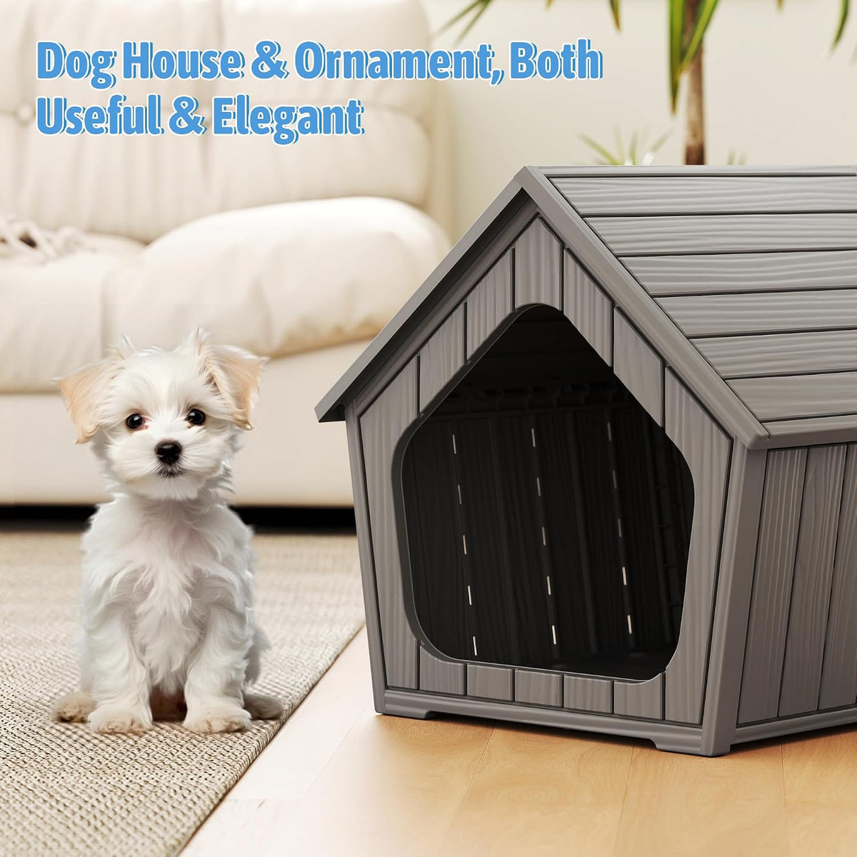 Fancyango Small Dog House Outdoor Indoor, Durable Plastic Waterproof Doghouse with Air Vents and Elevated Floor, Easy Clean and Assemble (Grey, 23.5" L×22.5" W×22.2" H)