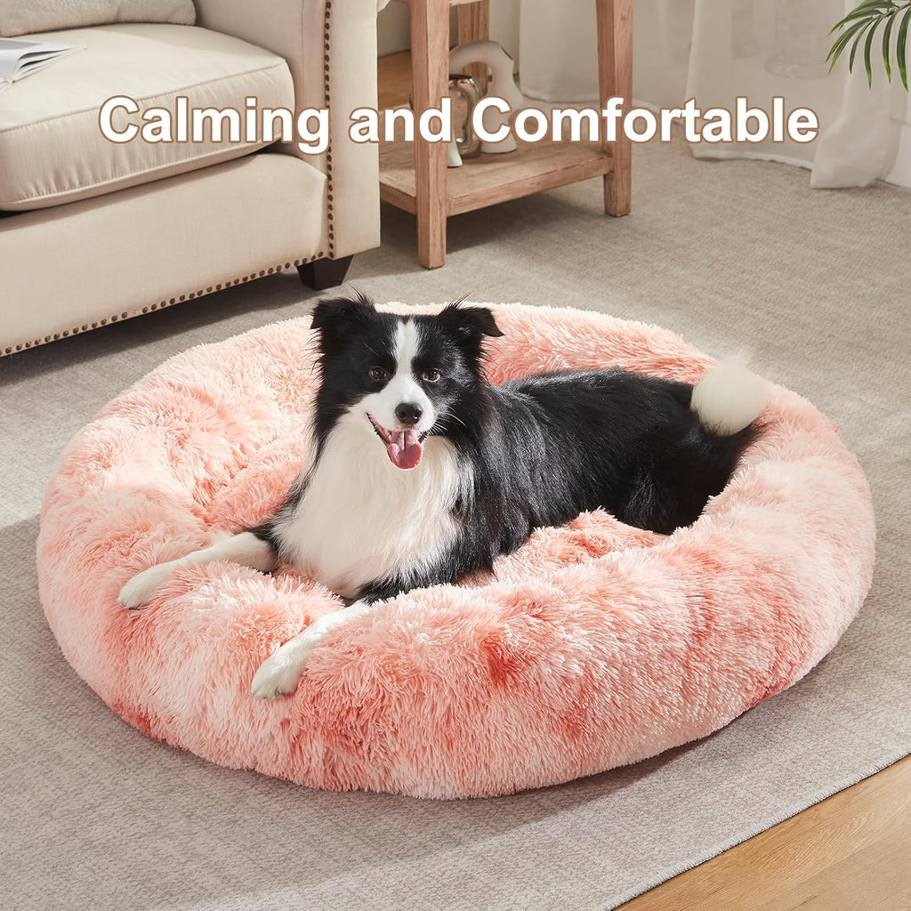 42 in Faux Fur Donut Dog Bed for Large Plus Dogs,Tie-dye Pink
