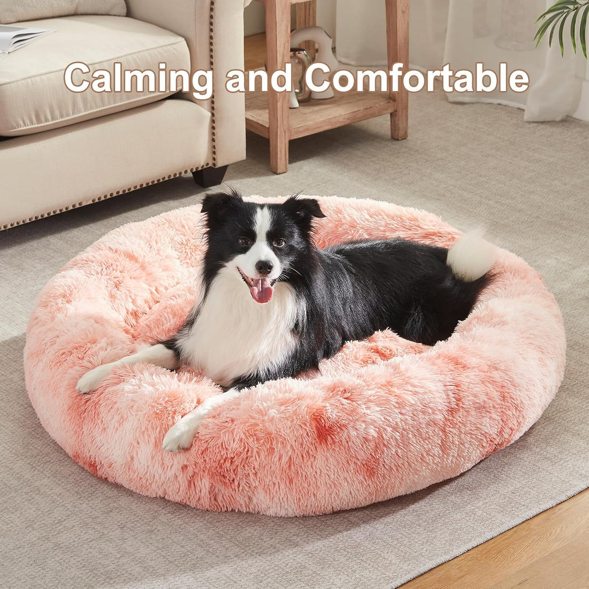 42 in Faux Fur Donut Dog Bed for Large Plus Dogs,Tie-dye Pink