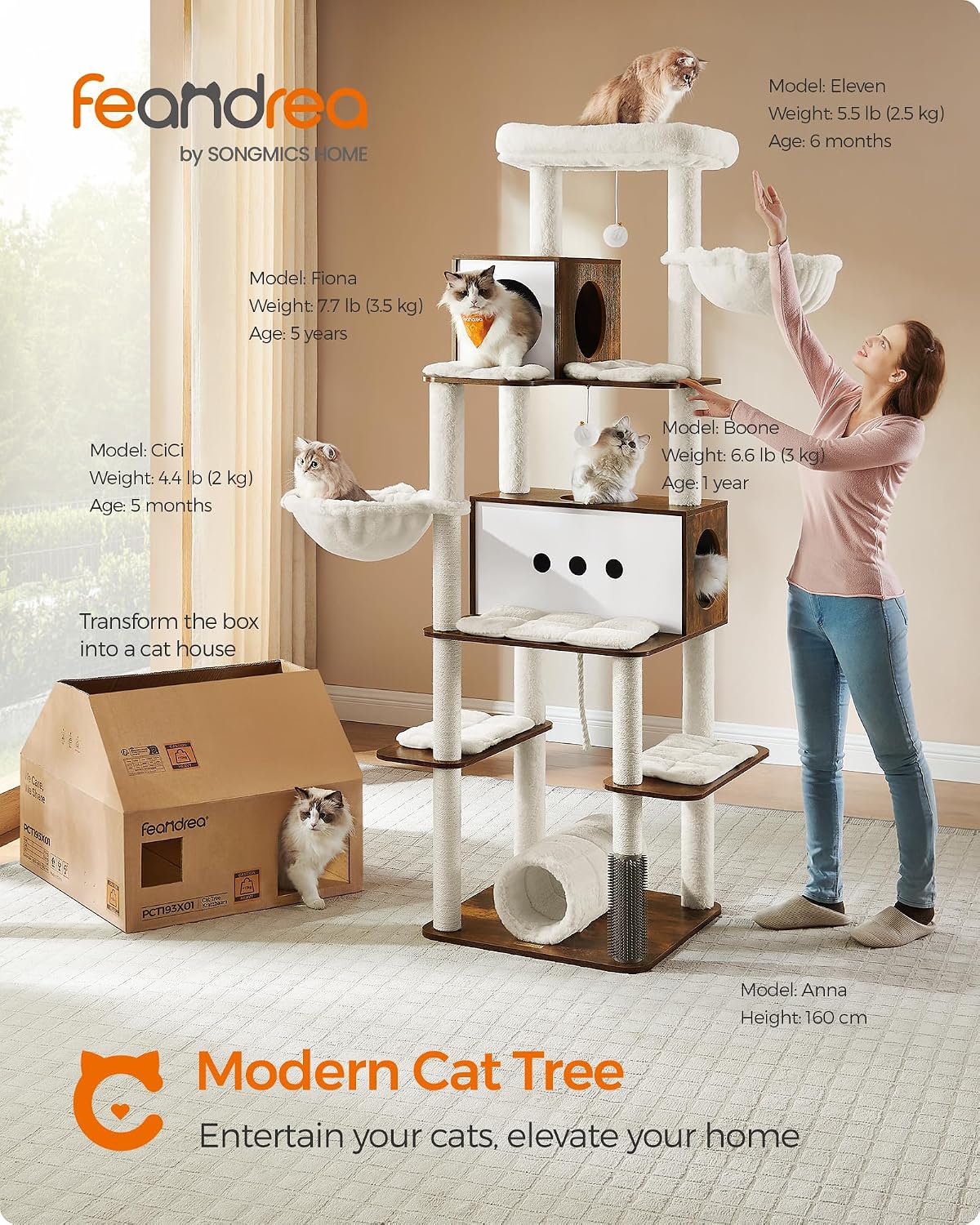 Feandrea Cat Tree, 75.6-Inch Multi-Level Condo with 2 Caves, 2 Hammocks