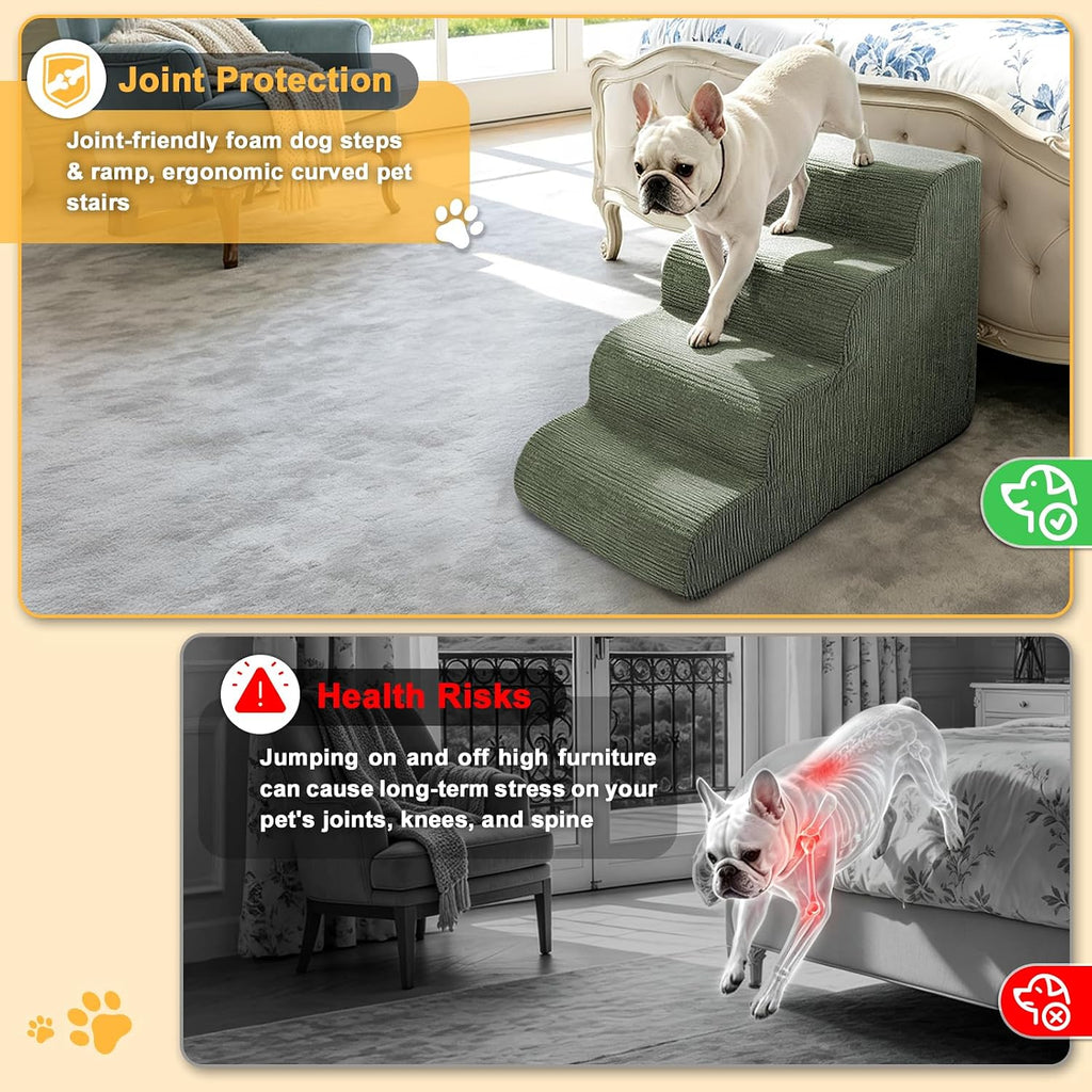 Dog Stairs for Small Dogs 18" H, 4-Step Dog Ramp for Aged and Injured Dogs, Foam Pet Stairs for Cats to Get on Bed, Couch or Chair, Non-Slip, Steady, Washable Cover, Green