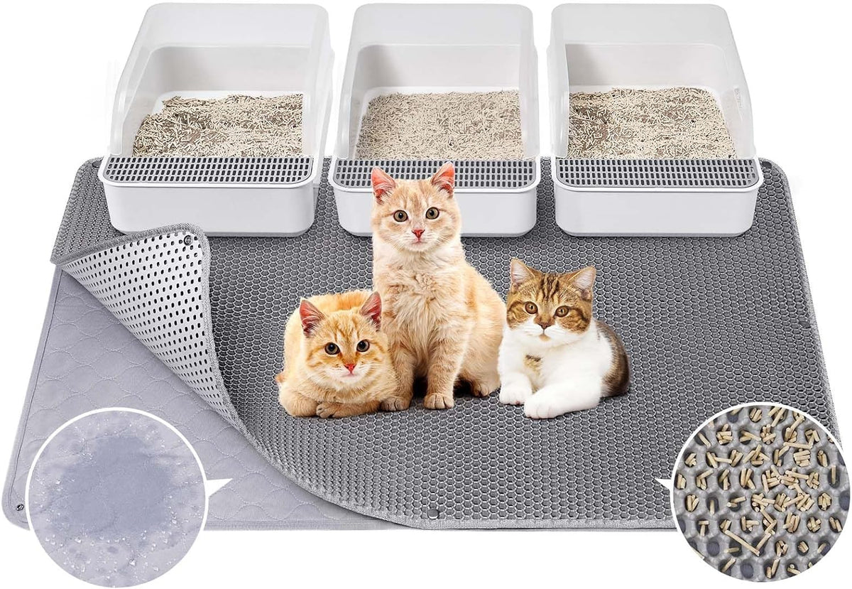 Fostanfly Cat Litter Mat, Machine Washable, Extra Large XL 45"x27", Gray | Cat Litter Trapping Mat, Urine & Waterproof, Double Layer Design, Honeycomb Scatter Control- Easy Clean for Floor