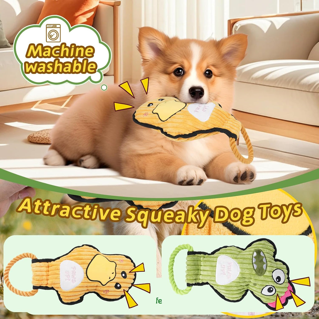 2-Pack Crinkle and Squeaky Dog Toys & Tough Tug of War Set - No Stuffing Chew-Resistant Plush Toys to Keep Them Busy, Best Birthday Gift for Small/Medium/Large Breeds (Ducks & Dino)