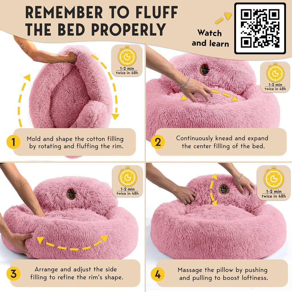 PetJett Calming Dog Bed for Small Dogs – 23" Donut Dog Beds, Anti-Slip & Washable Fluffy Plush Faux Fur Pet Bed, Anti-Anxiety Premium Comfort Round Puppy Bed, Fits Dogs up to 25 lbs – Pink