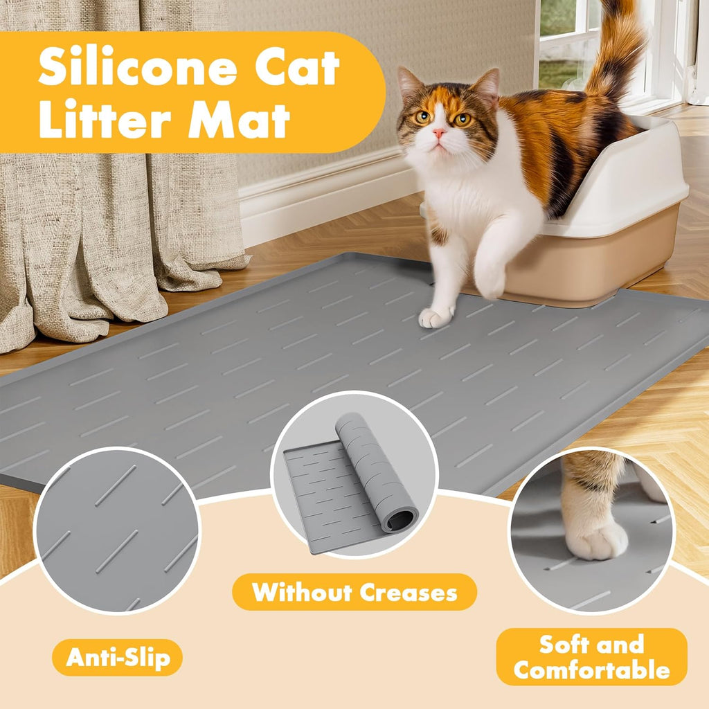 Pieviev Silicone Cat Litter Mat, Traps Litter & Easy to Clean, 34'' x 22'' | Raised Edges Lock Litter & Urine, Scratch and Wear-Resistant Cat Box Mat, Non-Slip Backing, Fit Most Standard Boxes