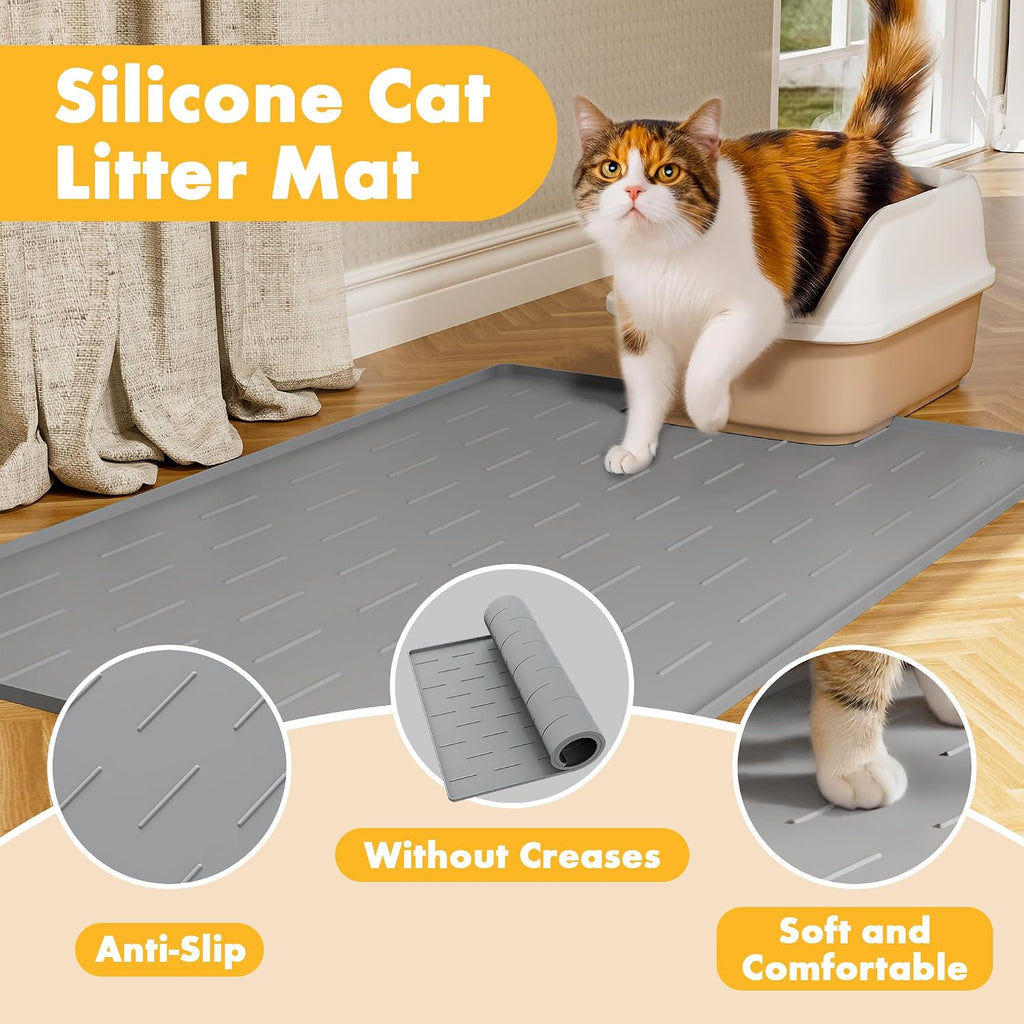 Pieviev Extra Large Silicone Litter Box Mat, Easy to Clean, 40'' x 28'' | Deep Grooves Trap Litter, Soft on Kitty Paws, Cat Mat with Non-Slip Backing, Raised Edge Catch Urine and Spills