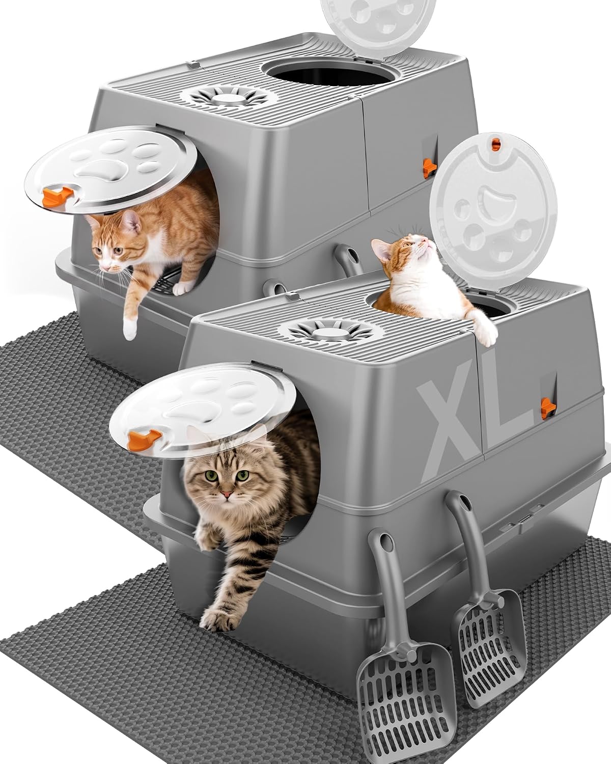 2PACK Stainless Steel Litter Box with Lid, XL Extra Large Litter Box Enclosed Top Entry Metal Litterbox for Big Cats & Multi-Cats, Easy Cleaning Anti Leakage, High Sided with Mat & Scoop, Dark Grey
