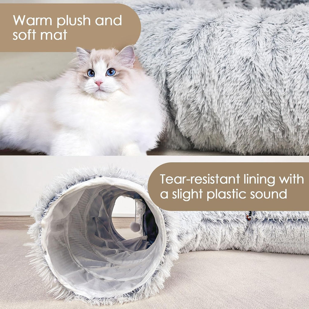 Cat Tunnel Bed for Indoor Cats, Peekaboo Cat Cave with Washable Soft Play Mat, Furry Cat Tube, for Kitten/Puppy/Rabbit, Grey