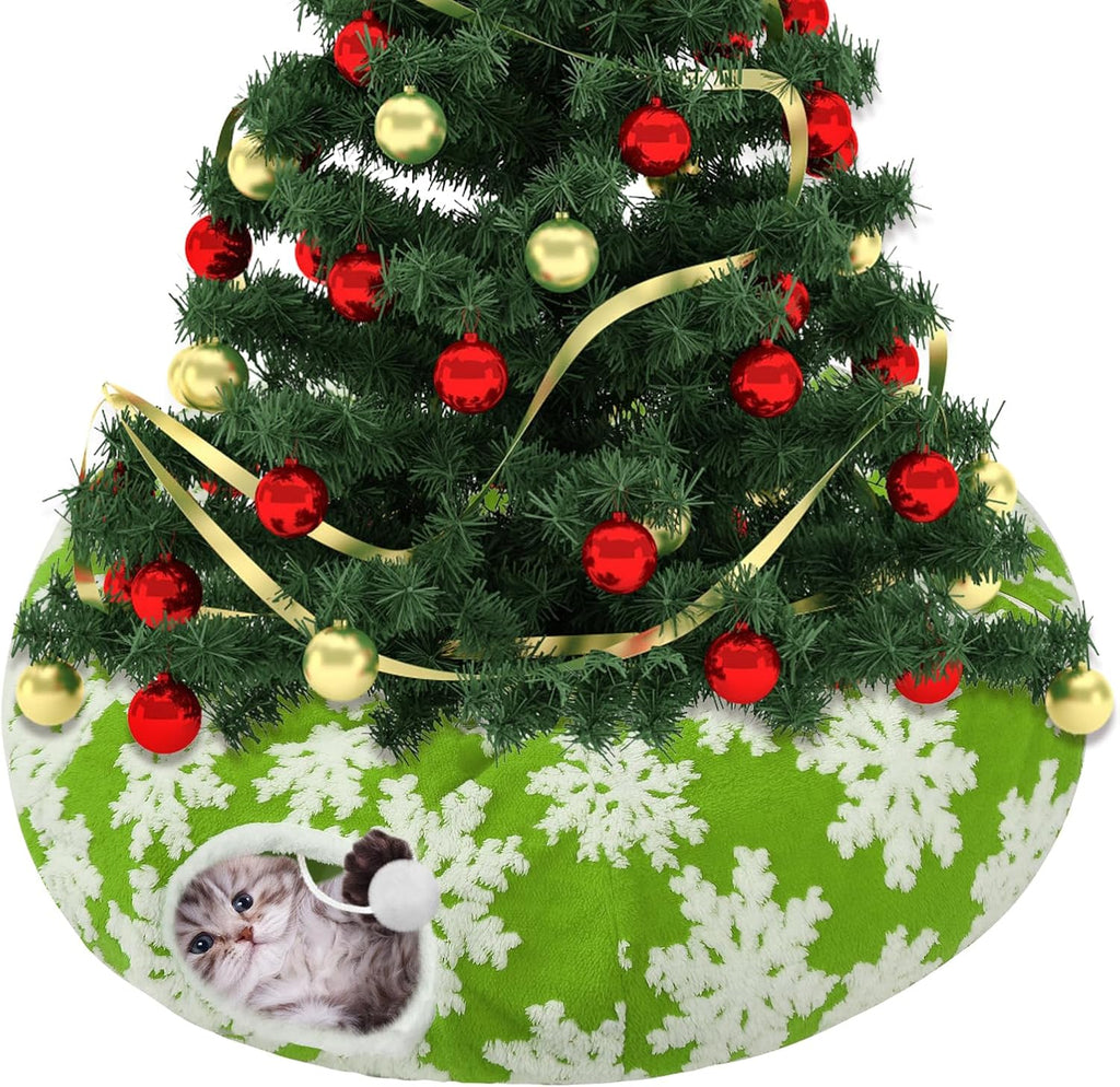 Cat Tunnel Christmas Tree Skirt for 5-7.5ft Trees - Prevent Christmas Tree Falling, Snowflake Patterns Warm Soft Cat Tube Bed with Anti-Slip Mat