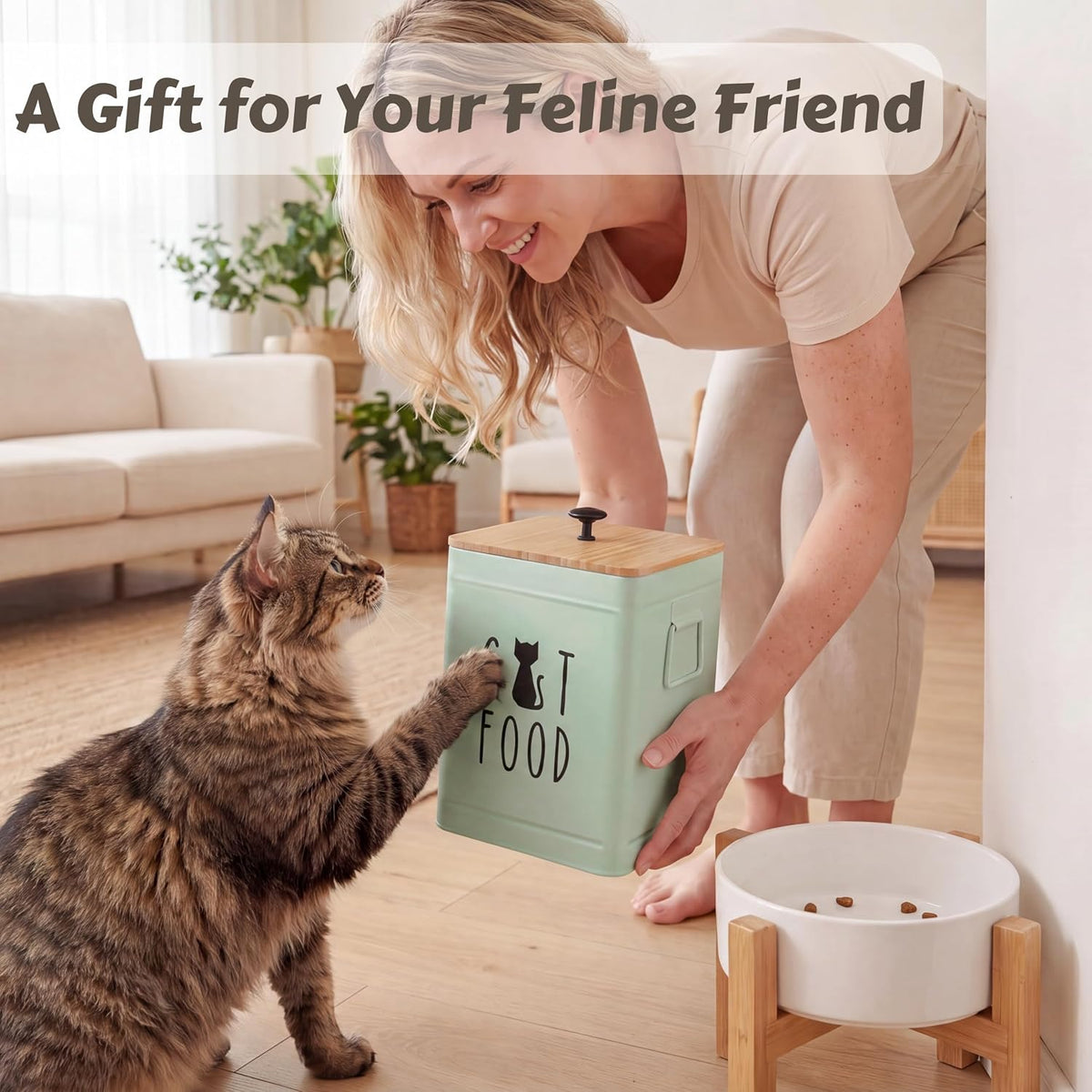 PERFNIQUE Cat Food Storage Container, Airtight Cat Treat Container with Bamboo Lid, Pet Food Storage for Kitchen Countertop, Treat Jars for Pets, Cat Food Container (Sage Green, with Spoon)