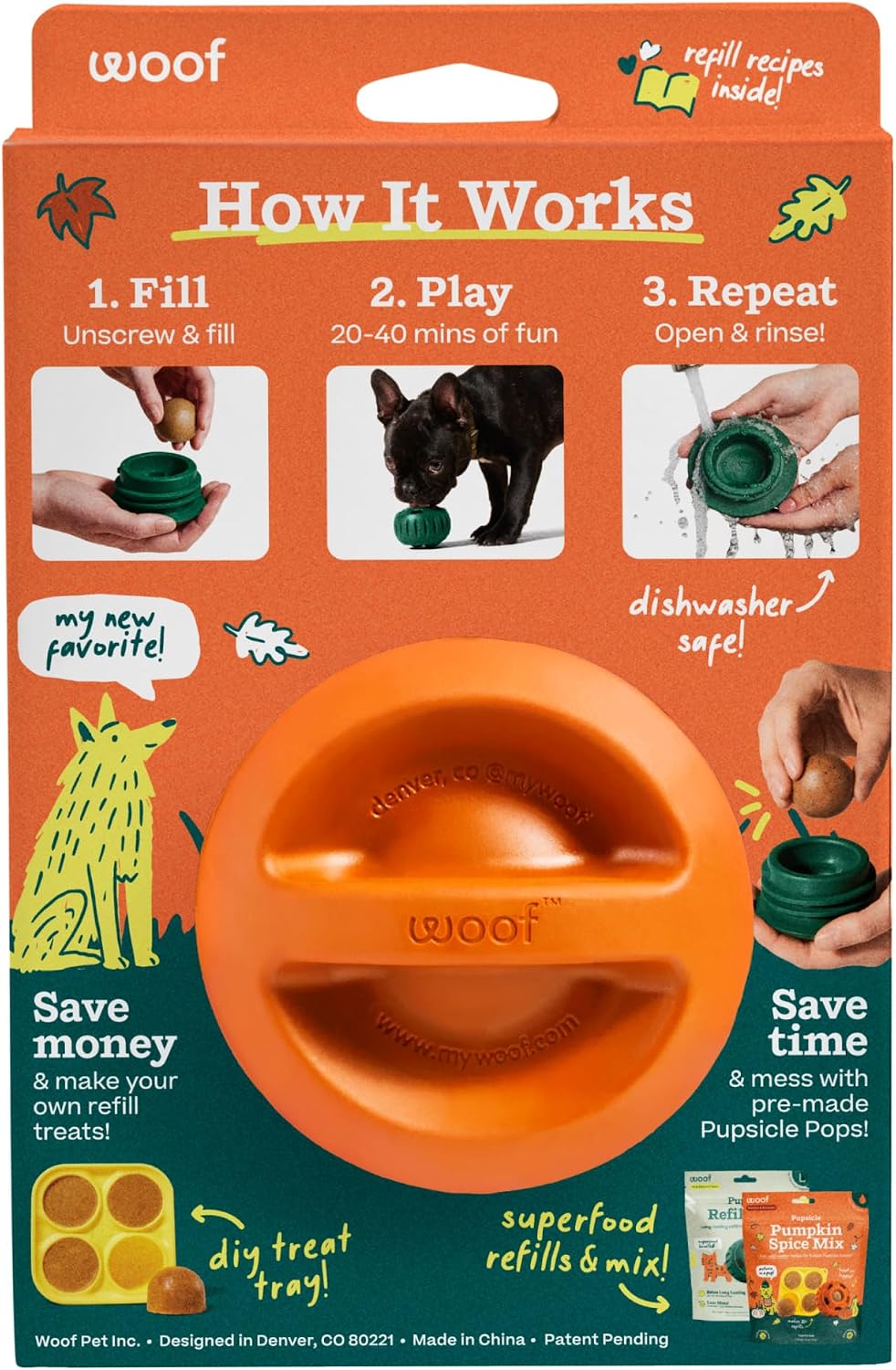 WOOF Pupsicle Interactive Dog Ball Toy for Dogs Large 25-75 lbs - Orange