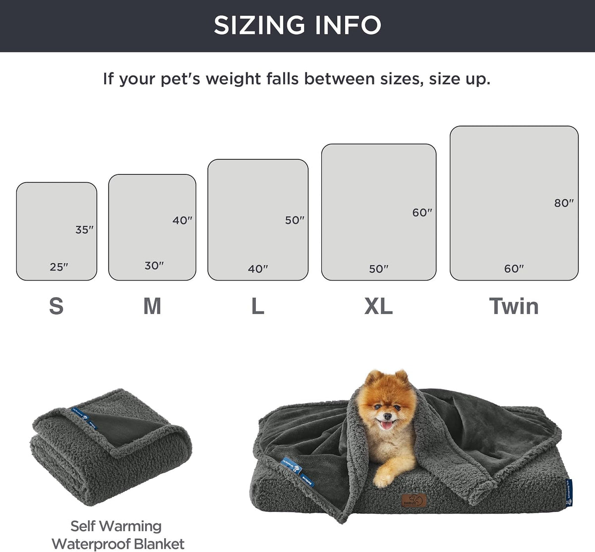 Bedsure Self Warming Dog Blankets for Large Dogs Waterproof - 50"x60" Grey