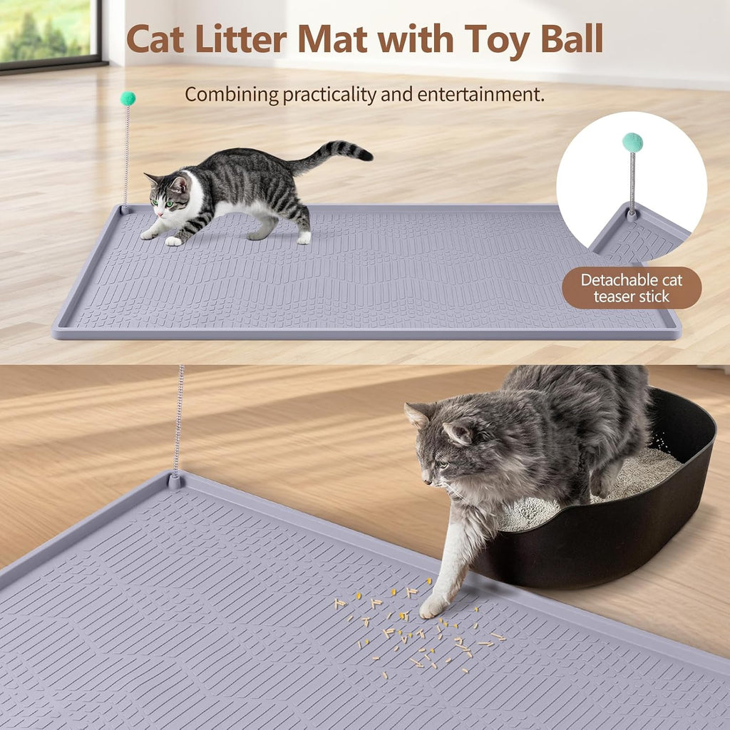 Silicone Cat Litter Box Mat 34'' x 22'' Cat Mat with Toy, Grey