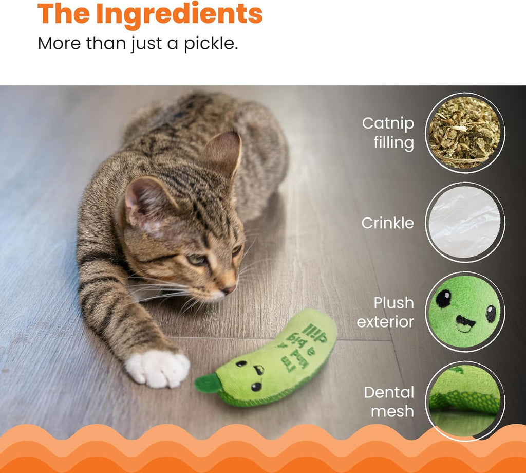 Catstages Crunchy Pickle Kicker Cat Toy – Plush Crinkle Toy with Catnip and Dental Mesh, 6.5" (Pack of 2)