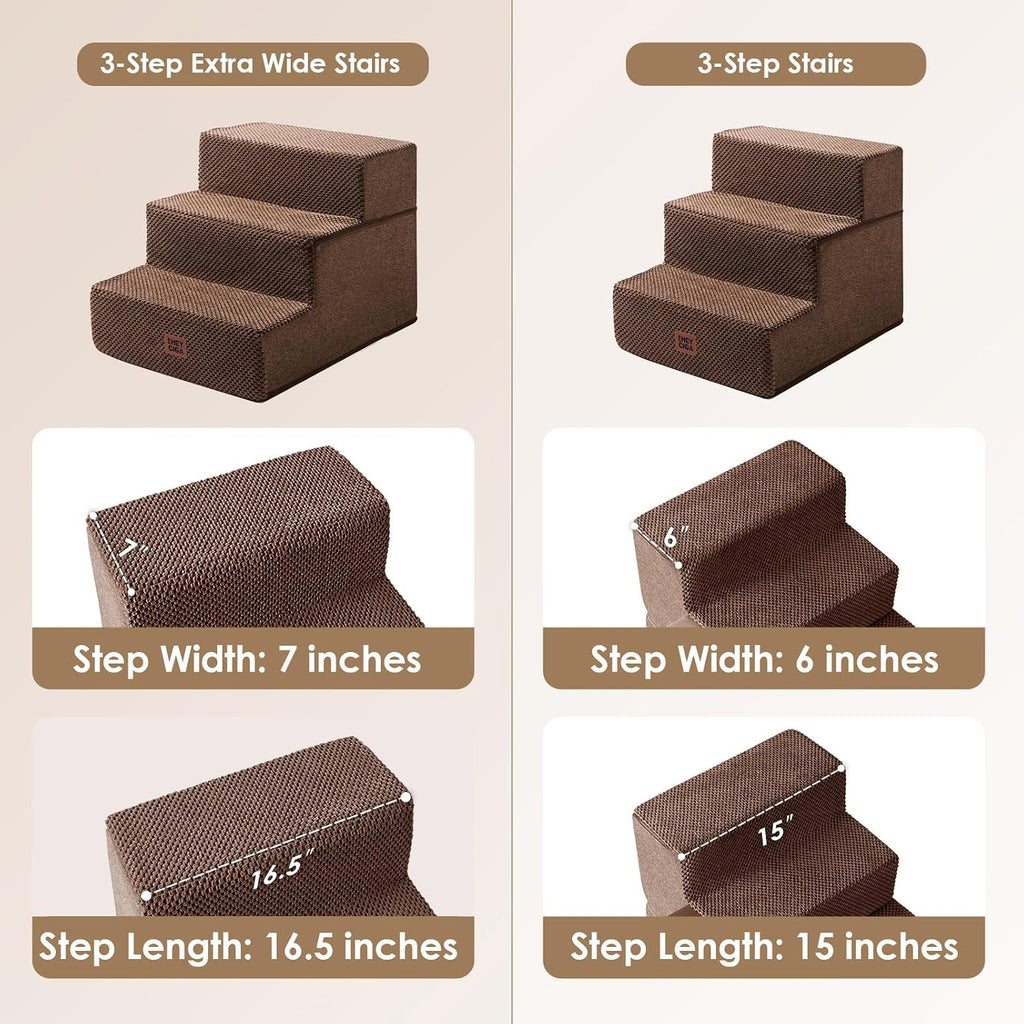 EHEYCIGA Dog Stairs 13.5" H, 3-Step Extra Wide Dog Steps, Brown