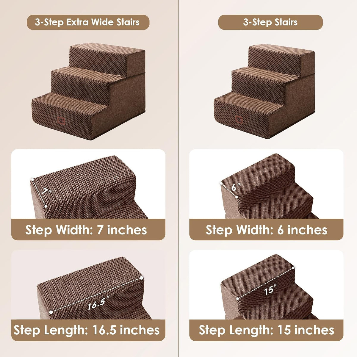 EHEYCIGA Dog Stairs 13.5" H, 3-Step Extra Wide Dog Steps, Brown