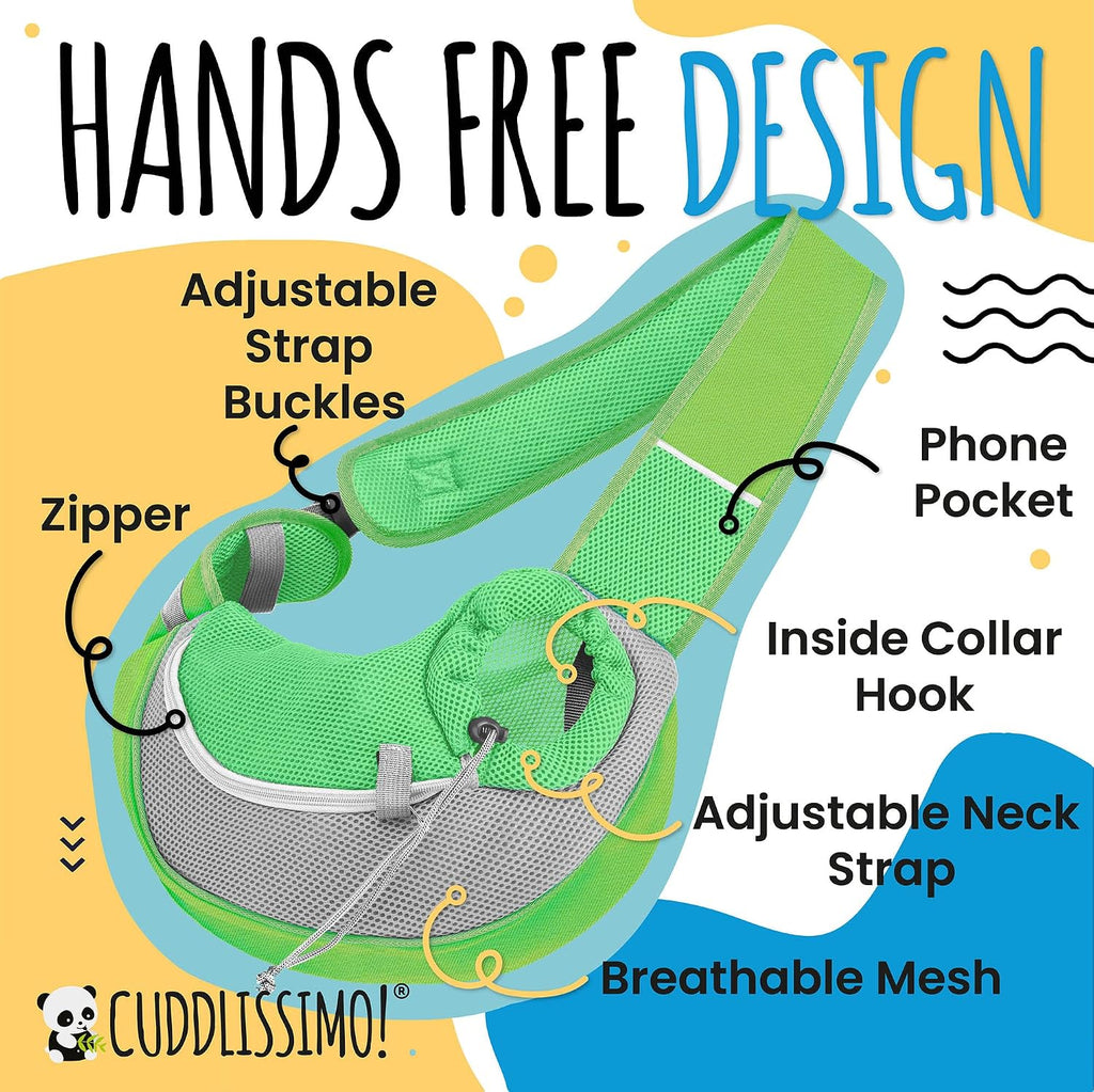 Cuddlissimo Small Dog Sling Carrier, Pet Cat Sling, Puppy Pouch - Green-S