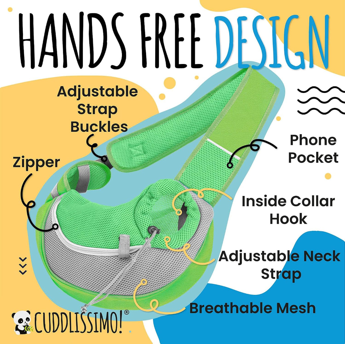 Cuddlissimo Small Dog Sling Carrier, Pet Cat Sling, Puppy Pouch - Green-S