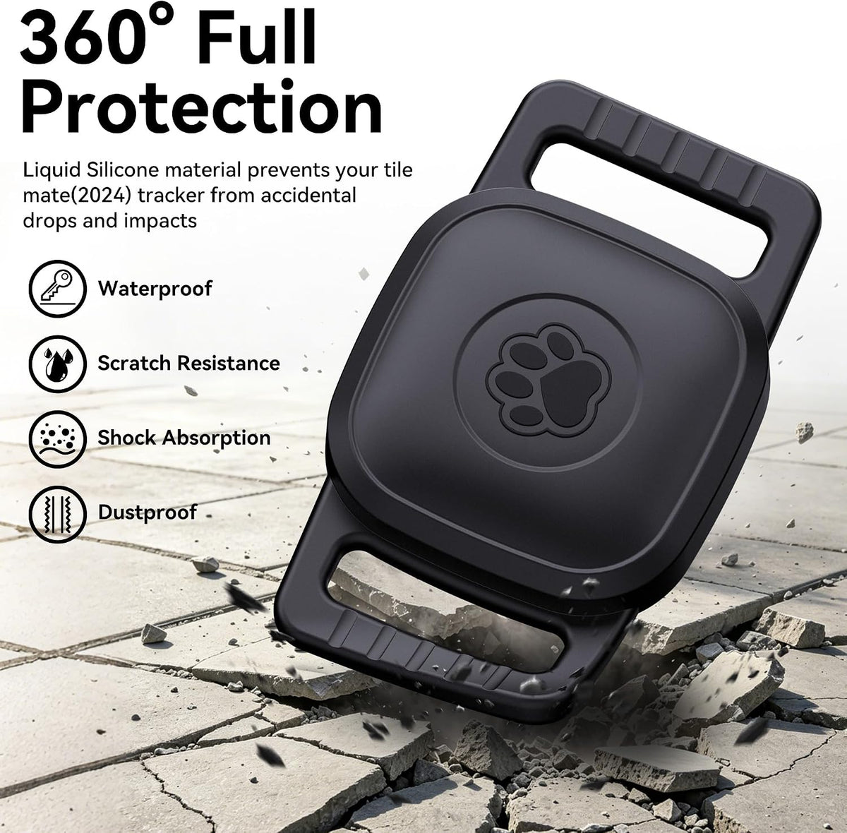 DDJ 2-Pack Waterproof Dog Collar Holder for Tile Mate Tracker, Durable Silicone Life360 Tile Case for Cat &Pet Collars Without Shaking, Anti-Lost Full Body for Tile Cover, Easy to Install, Black