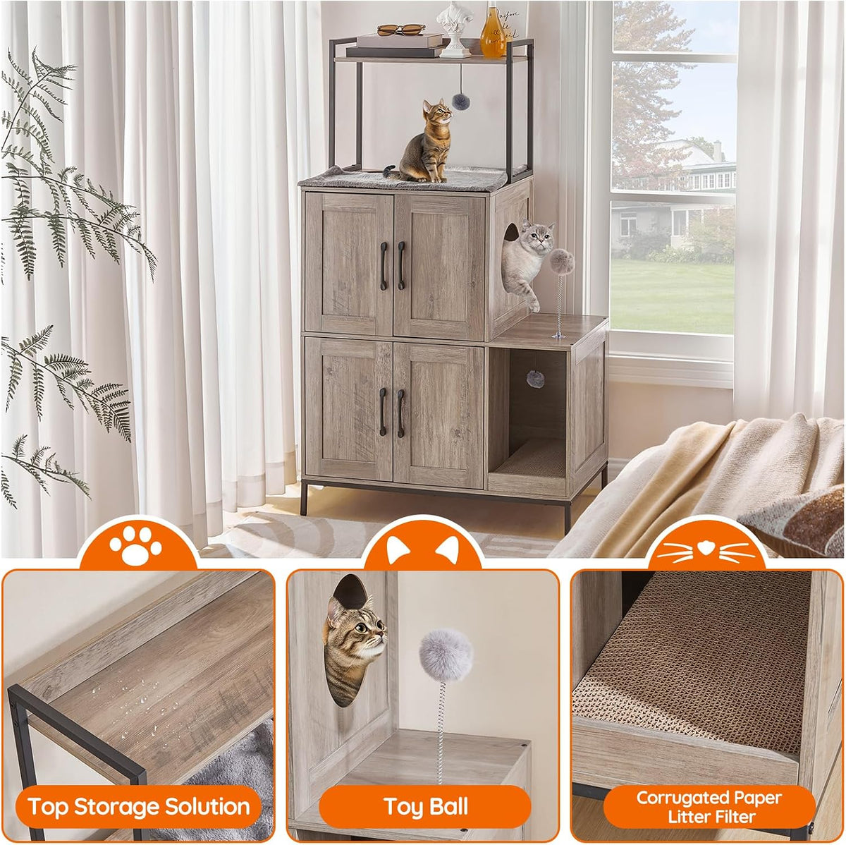 HOOBRO Cat Litter Box Enclosure Furniture, 2 in 1 Hidden Litter Box Furniture with Shelf, Double Litter Box Cabinet with 2 Dangling Plush Balls and 1 Toy Ball, Greige and Black BG78MW01