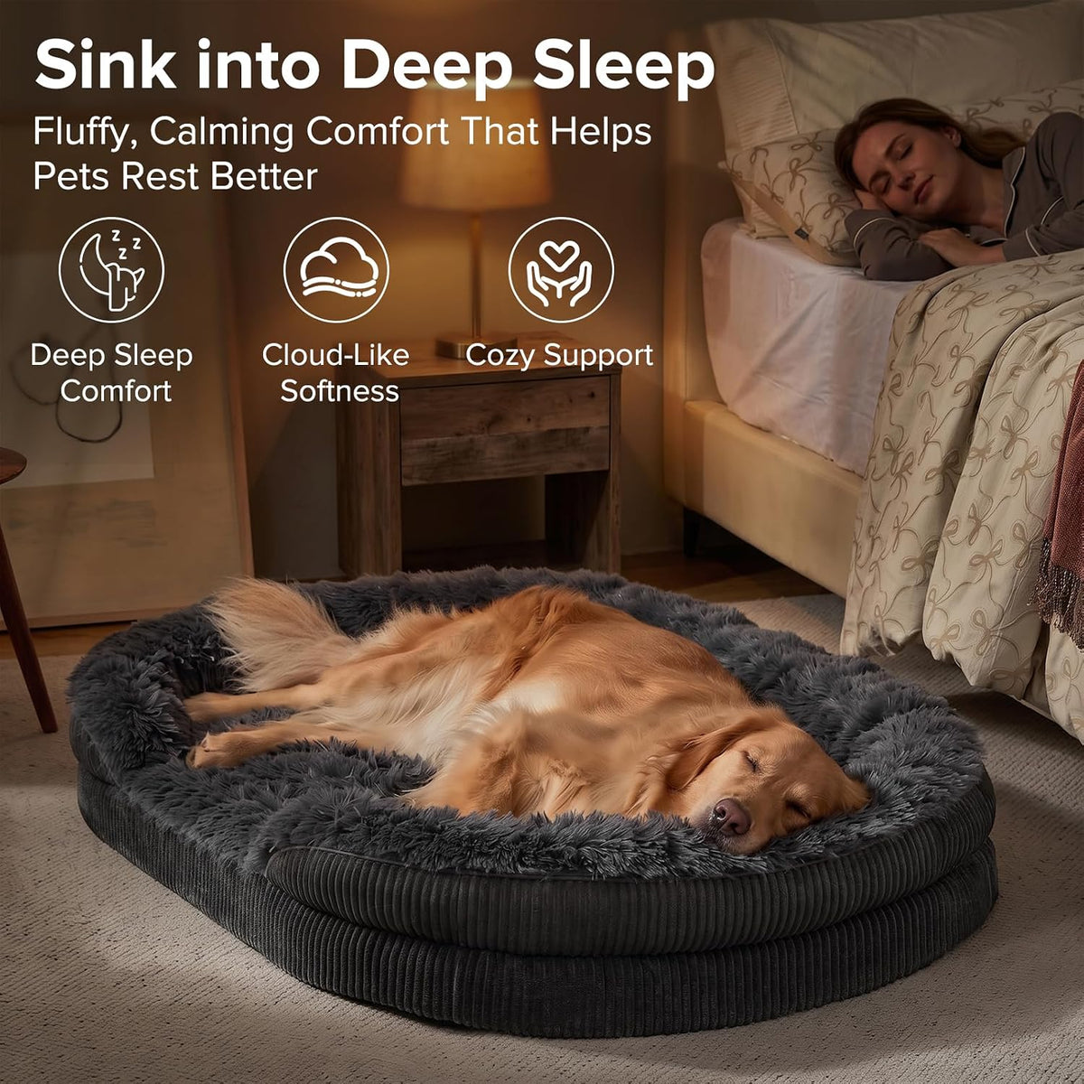 INVENHO Fluffy Orthopedic Dog Beds Large Sized Dog, XL Egg-Crate Foam Bolster Sofa Bed with Washable Removable Waterproof Cover, Fluffy Plush Faux Fur Dog Bed with Non-Skid Bottom