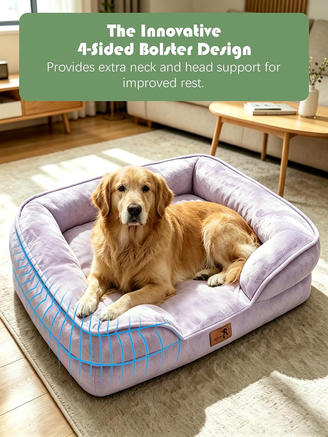 Spotted Play Orthopedic Dog Bed with Sides - Sofa Beds for Extra Large Dogs, Supportive Foam Pet Couch Bed with Washable Removable Cover, Waterproof Lining and Non-Slip Bottom, Purple - XL