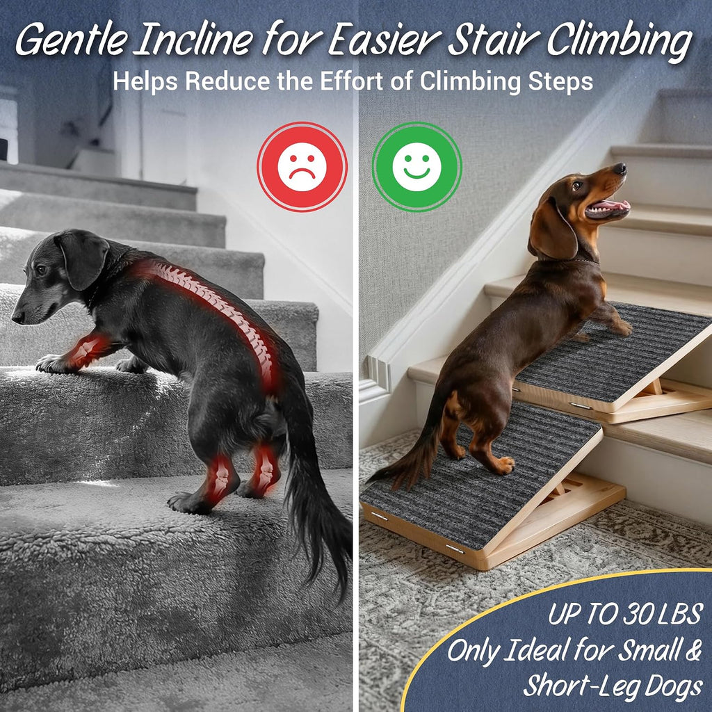 Dog Ramp for Stairs 3 Pack - Adjustable Wooden Stair Wedges for Small Dogs, Foldable Indoor Dog Stair Ramp with Triangular Support and Non-Slip Pads for Senior and Short-Legged Pets