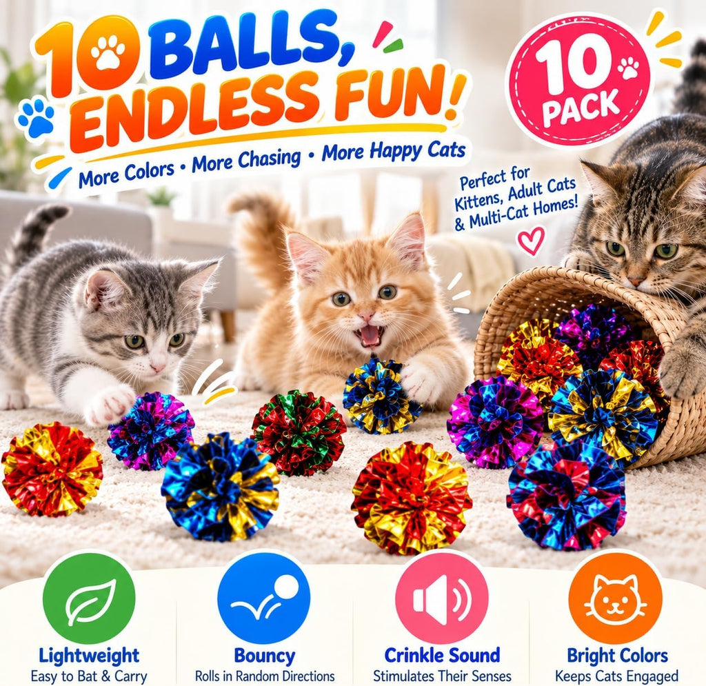Cat Crinkle Ball Toys, 10 Pack 2.3 Inch Colorful Crinkle Balls for Indoor Cats and Kittens, Interactive Cat Toys for Swatting, Chasing, Pouncing and Hunting