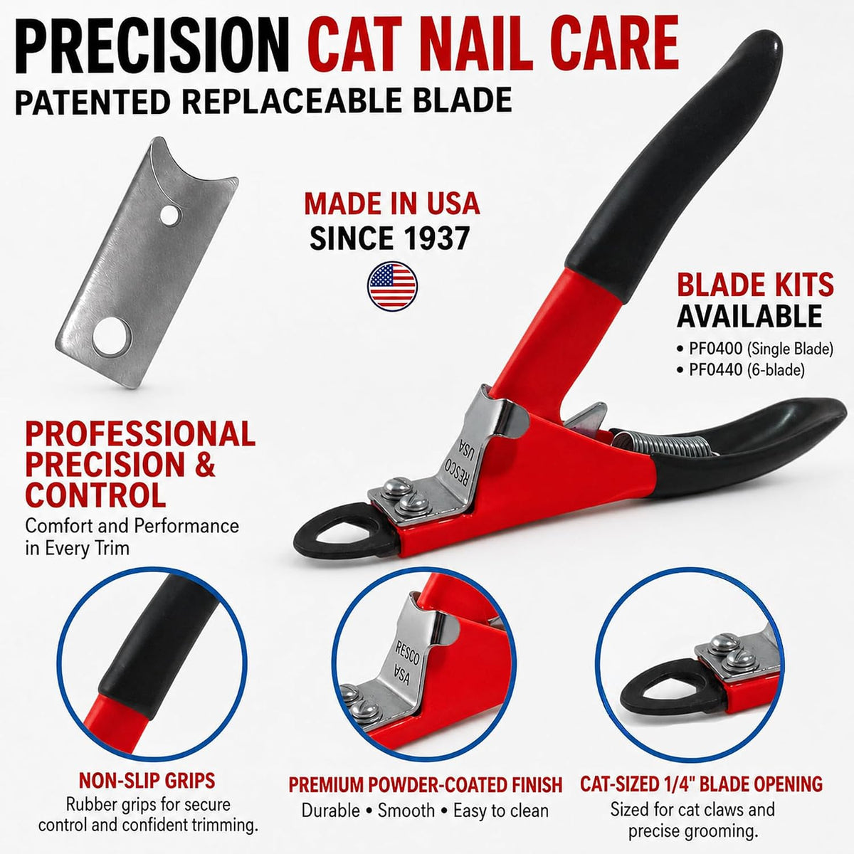 Resco Professional Guillotine Cat Nail Clippers with Grips, Red