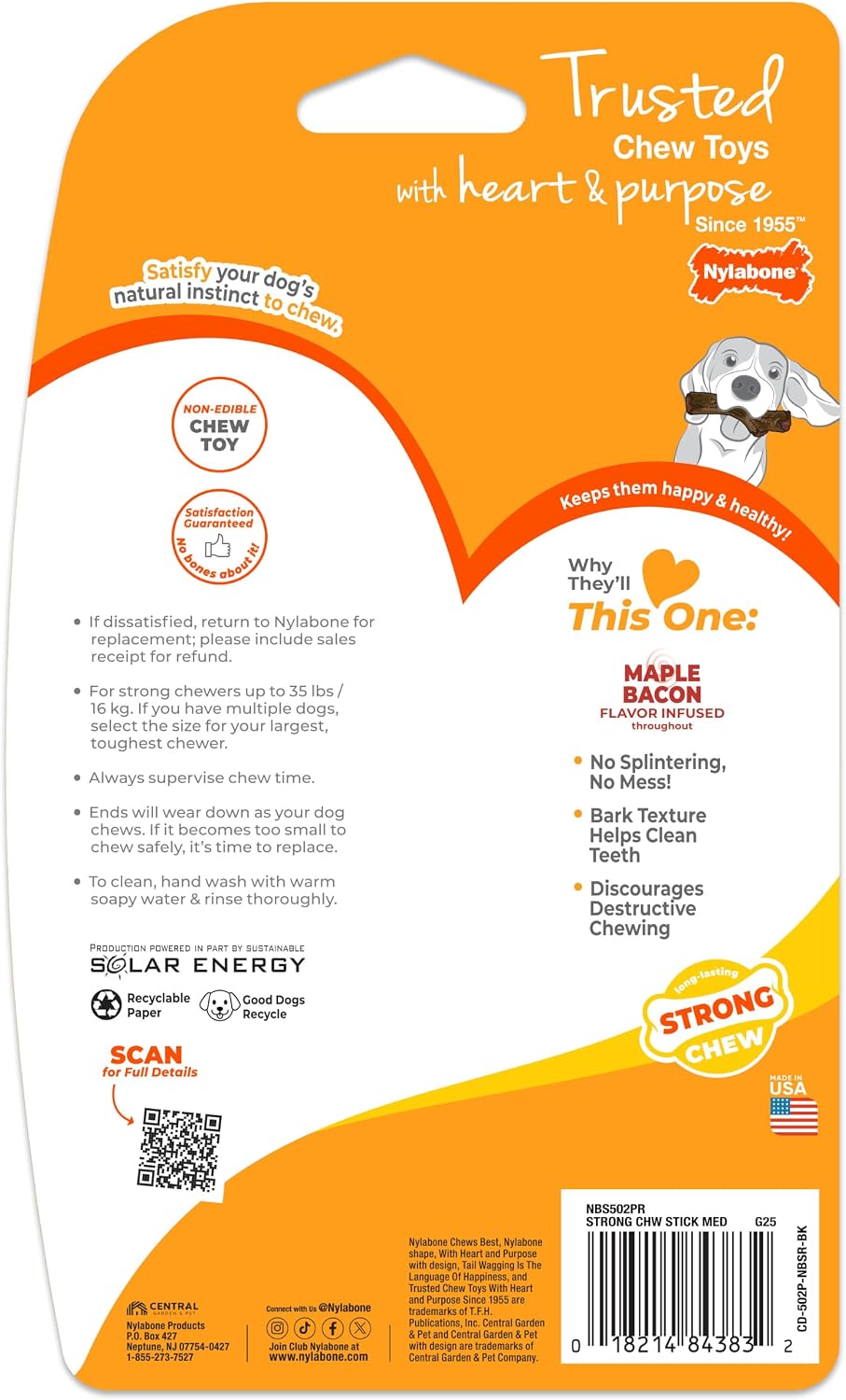 Nylabone Strong Chew Stick Made with Real Wood Dog Chew Toy, Medium | Bacon flavor, medium breeds, no splintering, durable chew toys, long lasting, helps clean teeth, medium breeds up to 35 lbs