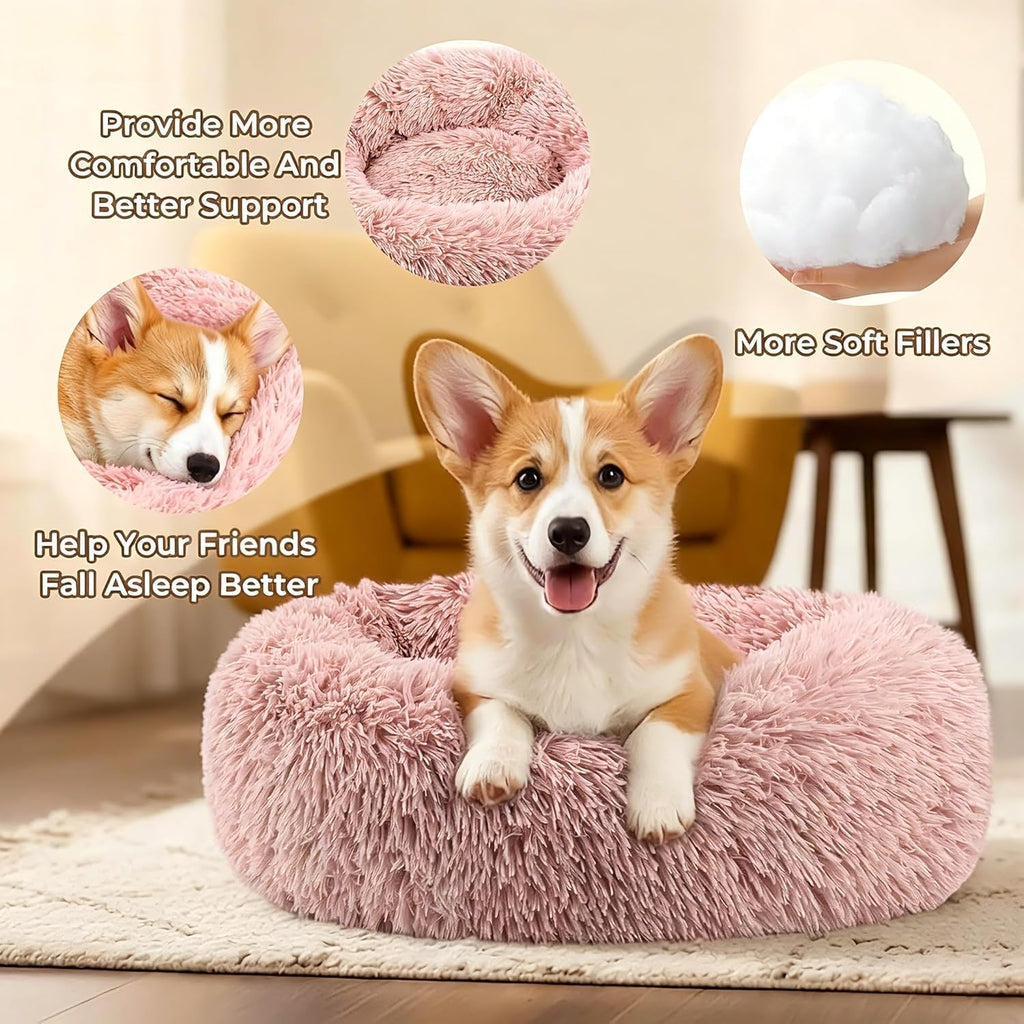Calming Large Donut Dog and Cat Bed, Anti-Anxiety Round Soft Fluffy Plush Faux Fur Washable Anti-Slip Pet Bed for Medium Dogs Up to 35 lbs 28in Pink