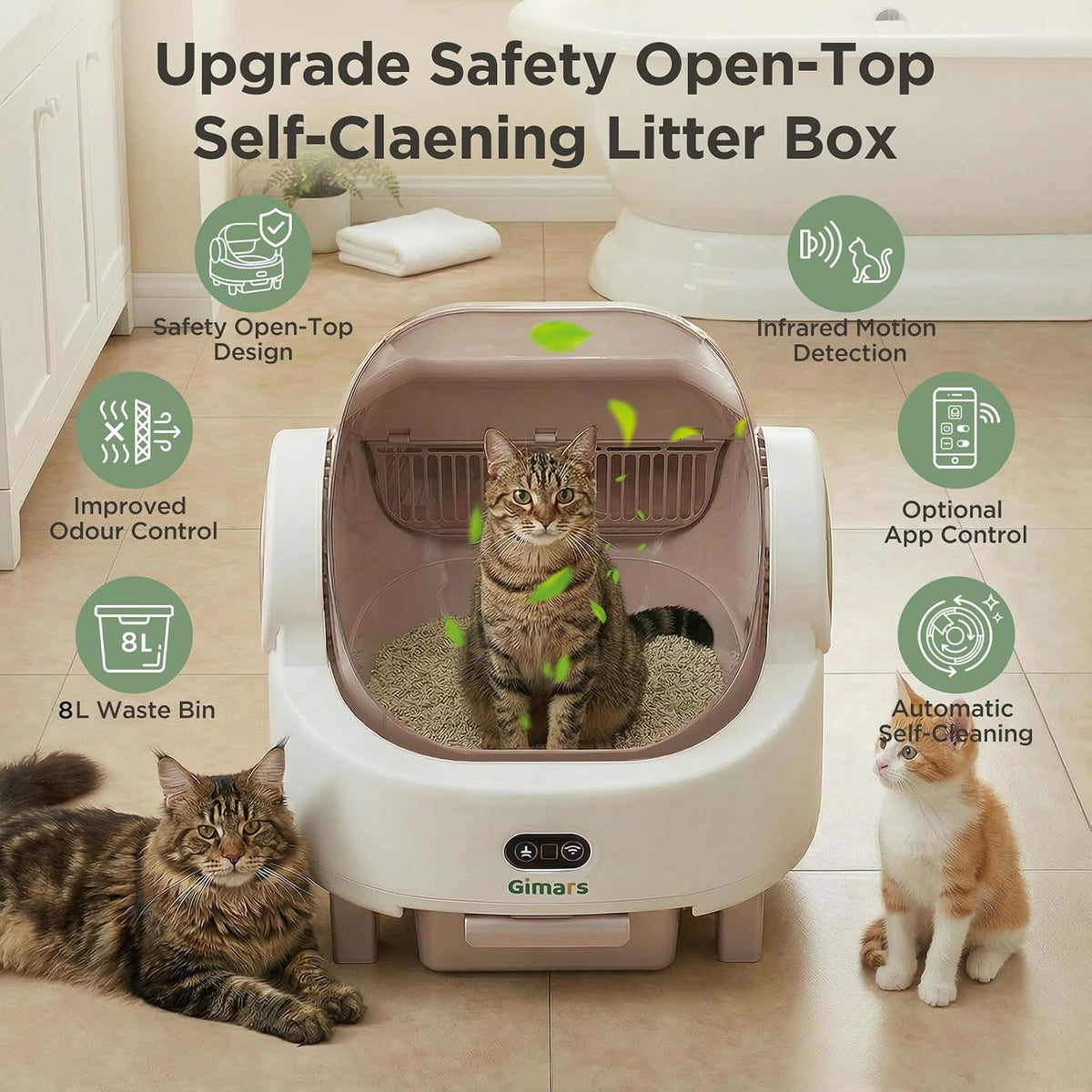 Gimars Open Top Design Self Cleaning Litter Box, Automatic Cat Litter Box for Multiple Cats & Senior Cats, App Control with Safety Sensors, Low Odor, Includes Trash Bags & Litter Mat