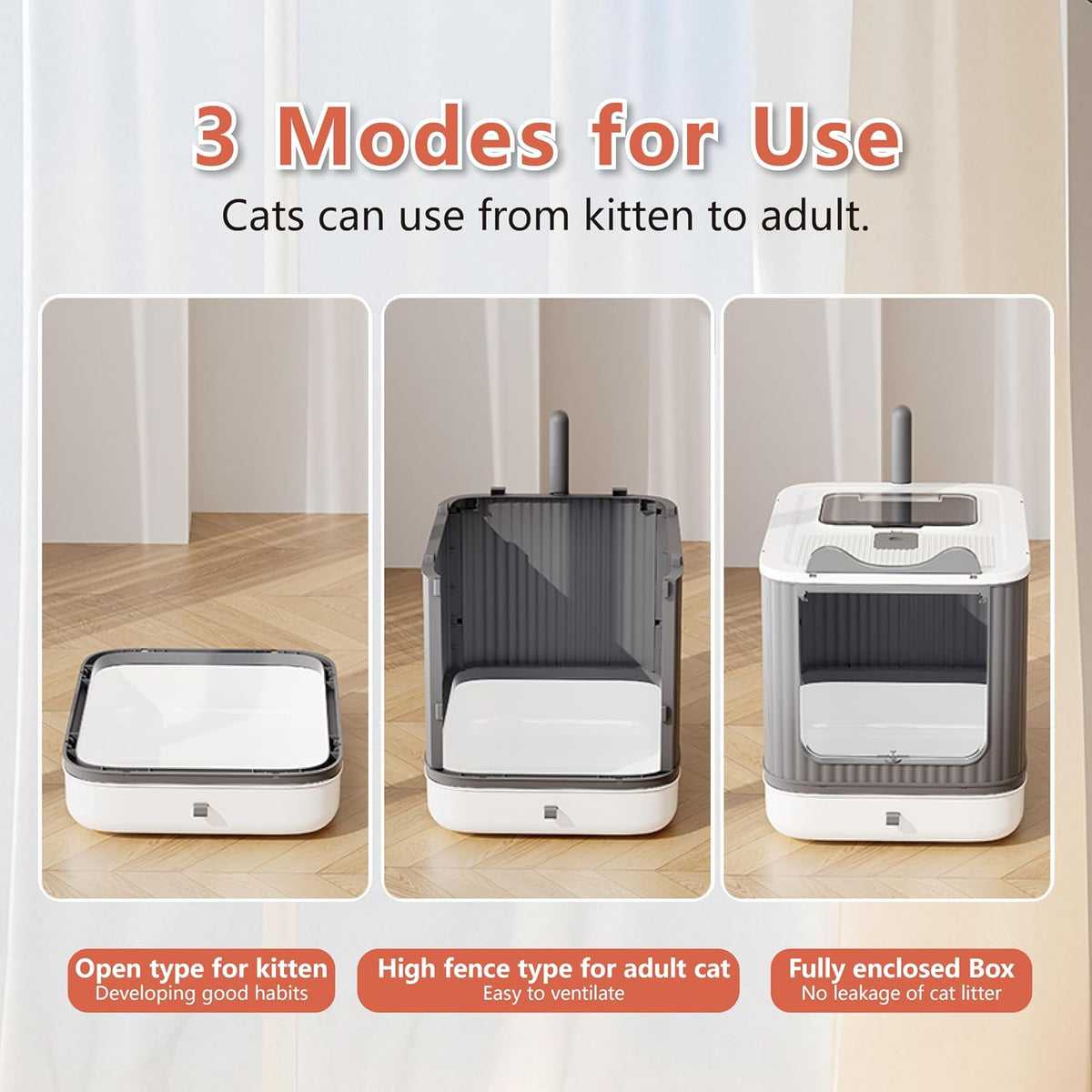 Covered Cat Litter Box with Lid for Kitten to Medium, Grey-White | LCZLBRRD, Covered Enclosure, Anti-Splashing, Easy to Clean and Assemble, 3 Modes For Kitten to Medium, Odor-Free