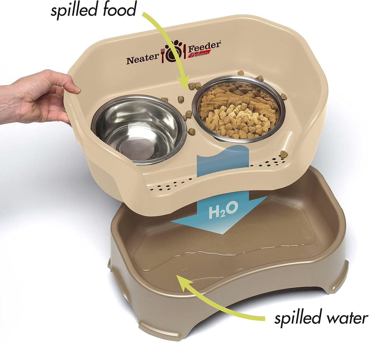Neater Pet Brands Neater Feeder Deluxe Mess Proof Cat Bowls Elevated, Made in USA, No Spill Raised Bowls for Indoor Cats, Stainless Steel Food and Water Bowl Set, Pet Dish Feeding Station, Cappuccino 