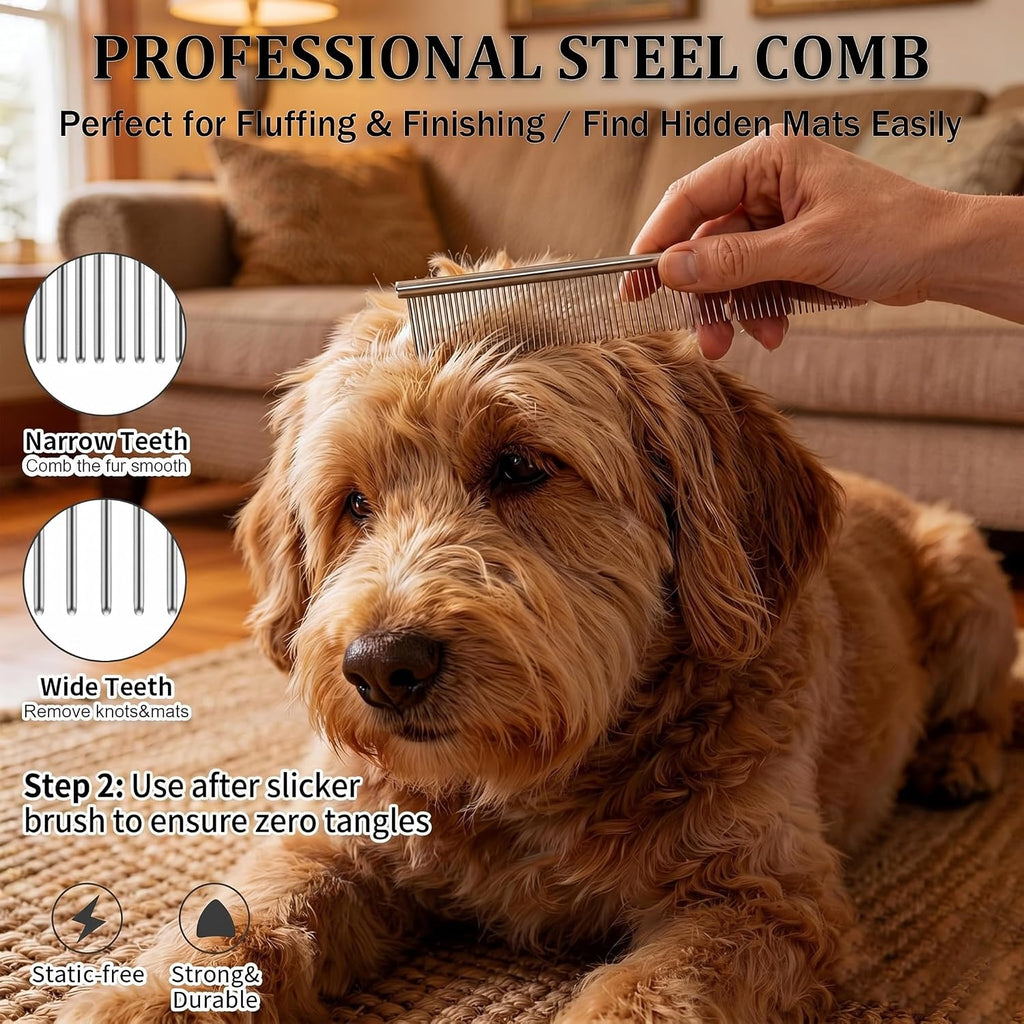3-in-1 Long Pin Slicker Brush Set, Pet Grooming Kit, Black