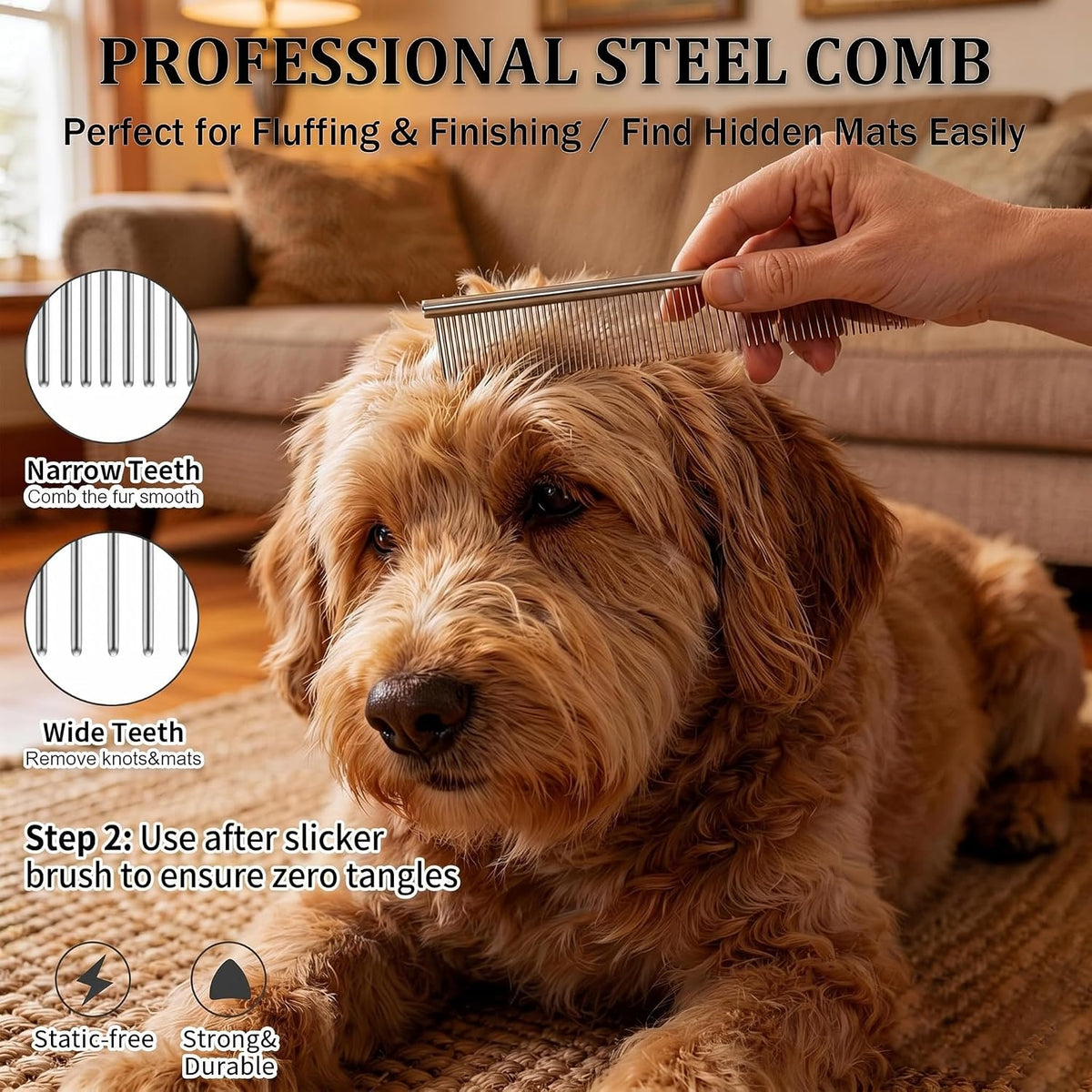 3-in-1 Long Pin Slicker Brush Set, Pet Grooming Kit, Black