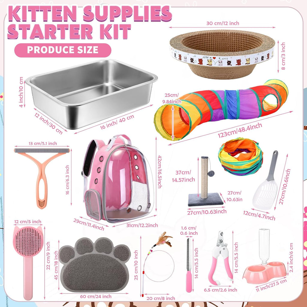 31 Pcs Kitten Supplies Starter Kit Kitten Essentials Starter Kit Include Stainless Steel Cats Litter Box Backpack Cat Scratcher Kitten Toys Accessories for Kitten Welcome Gift Supplies