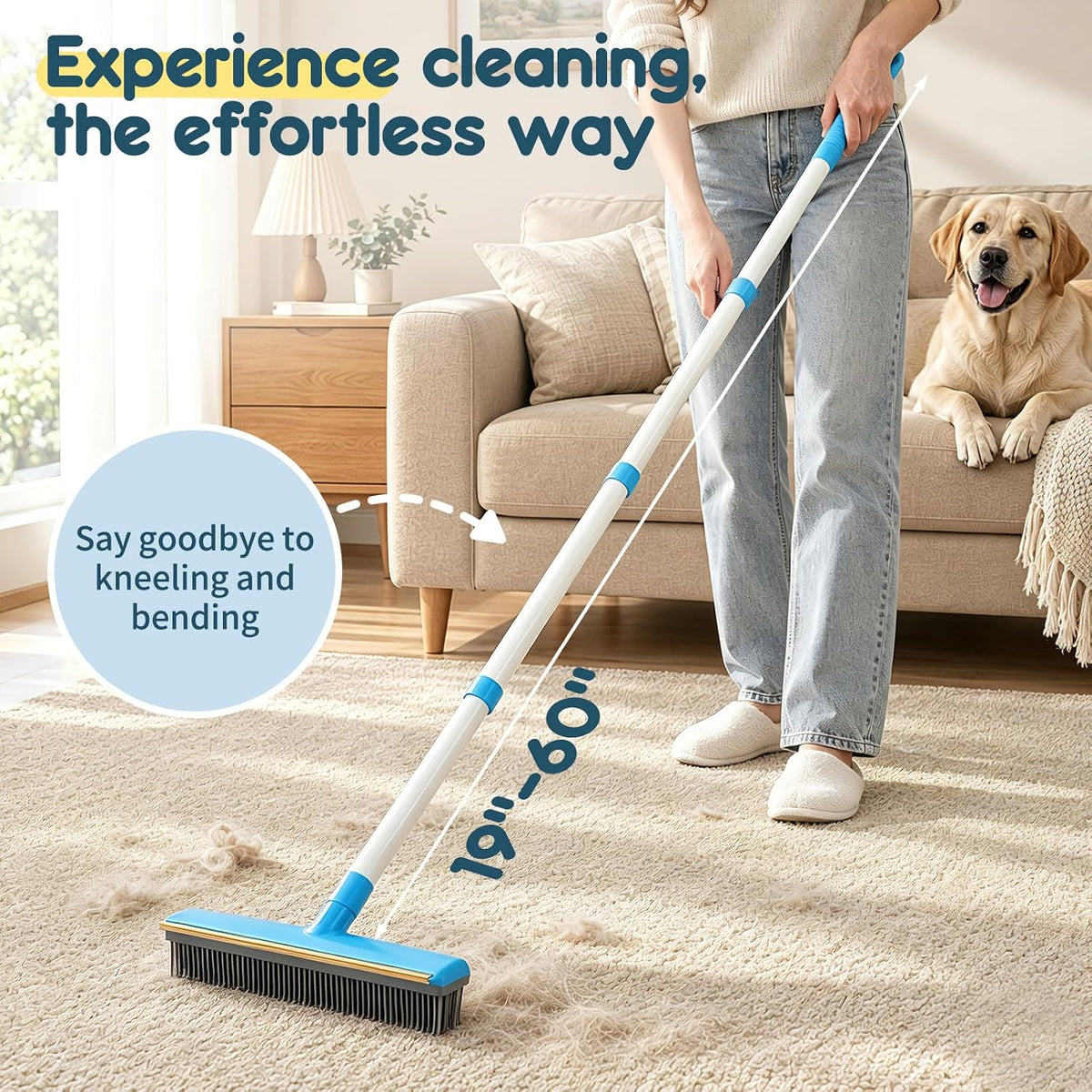 Hippih Carpet Rake for Pet Hair Removal Tool - 60" Reusable Long Handle Set