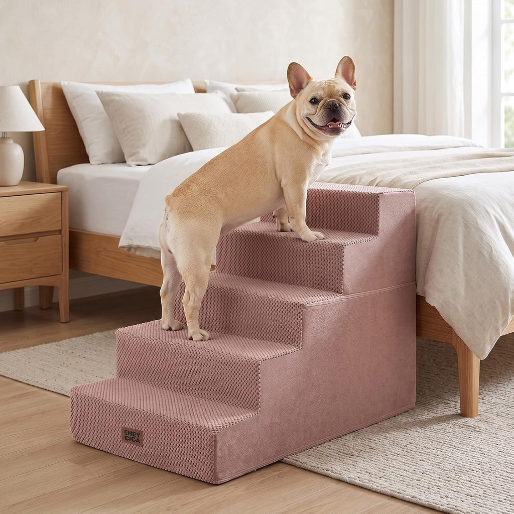 EHEYCIGA Dog Stairs for Bed 22.5" H, 5-Step Extra Wide Dog Steps, Pink